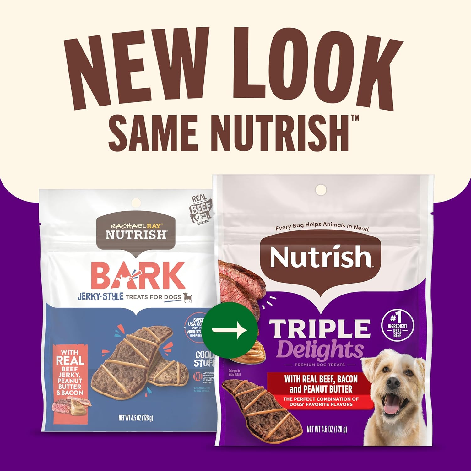Nutrish Triple Delights Premium Dog Treats with Real Beef, Bacon, and Peanut Butter, 11 oz. Pouch, Pack of 4