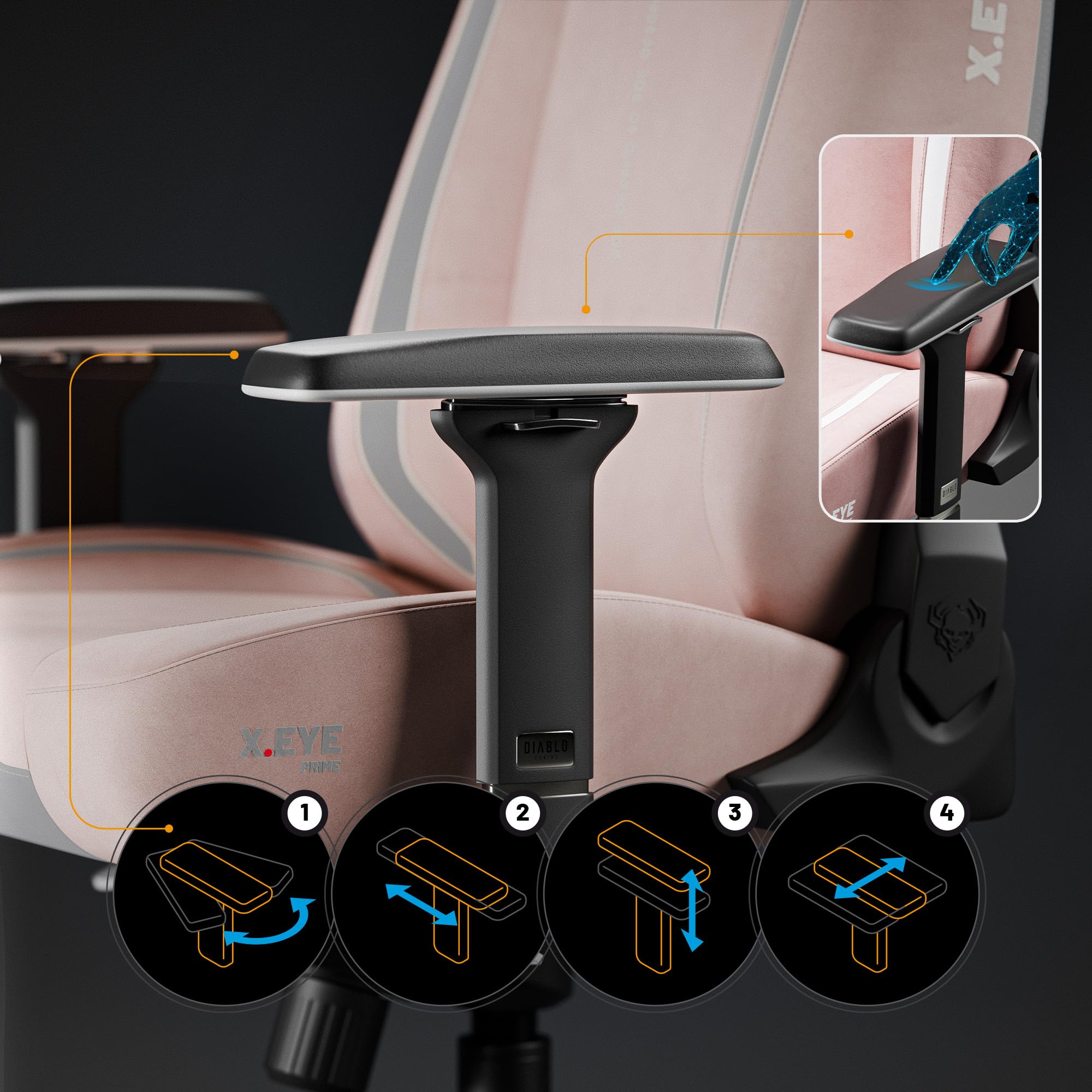 Diablo X-Eye Prime Fotel Gamingowy Ergonomiczny z Chłodzącym Siedziskiem, Magnetycznym Zagłówkiem Memory, Podparciem Lędźwi ProSpine i Podłokietnikami 4D - 140 kg - Akira Pink