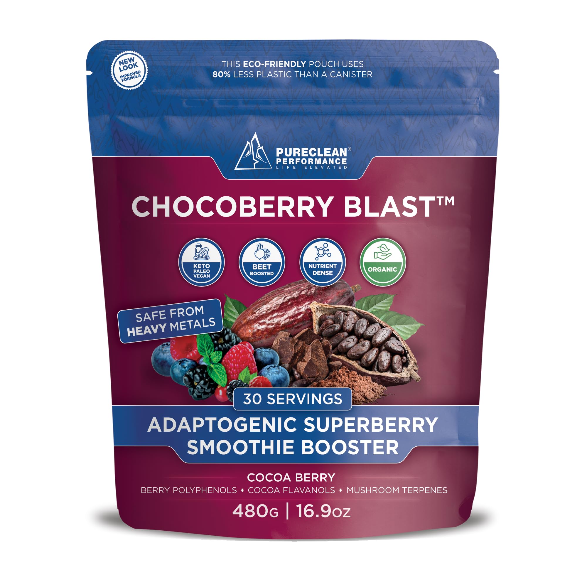 ChocoBerry Blast Superfood Powder – Adaptogenic SuperBerry Smoothie Booster with Beet Juice, Mushrooms, & Polyphenols – Enhances Recovery, Energy, Gut Health, Immunity & Nutrition – Chocolate (480g)