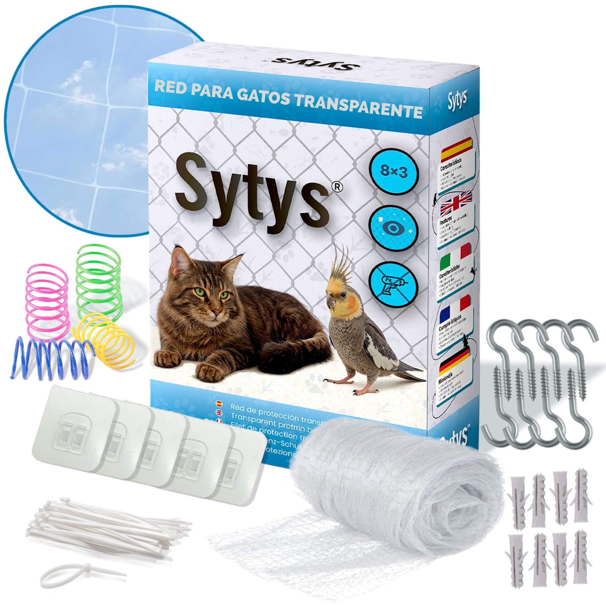 RED para GATOS Terraza SIN TALADRO + 4 Juguetes de REGALO (8x3m) TRANSPARENTE Red para Gatos Ventanas Red para Gatos Terraza Red Gatos Balcon Kit Instalación Completo Incluido | Malla Gatos Terraza