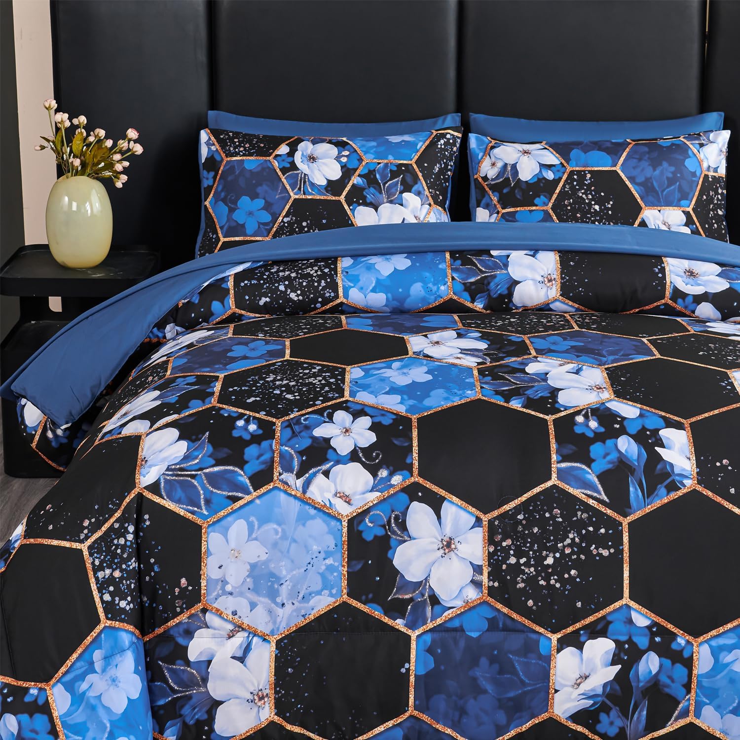 ANGIYUIN 7 Pieces Blue Black Marble Queen Bed in A Bag White Flowers Comforter Sets Gold Geometric Honeycomb Bedding Sets for Women Men