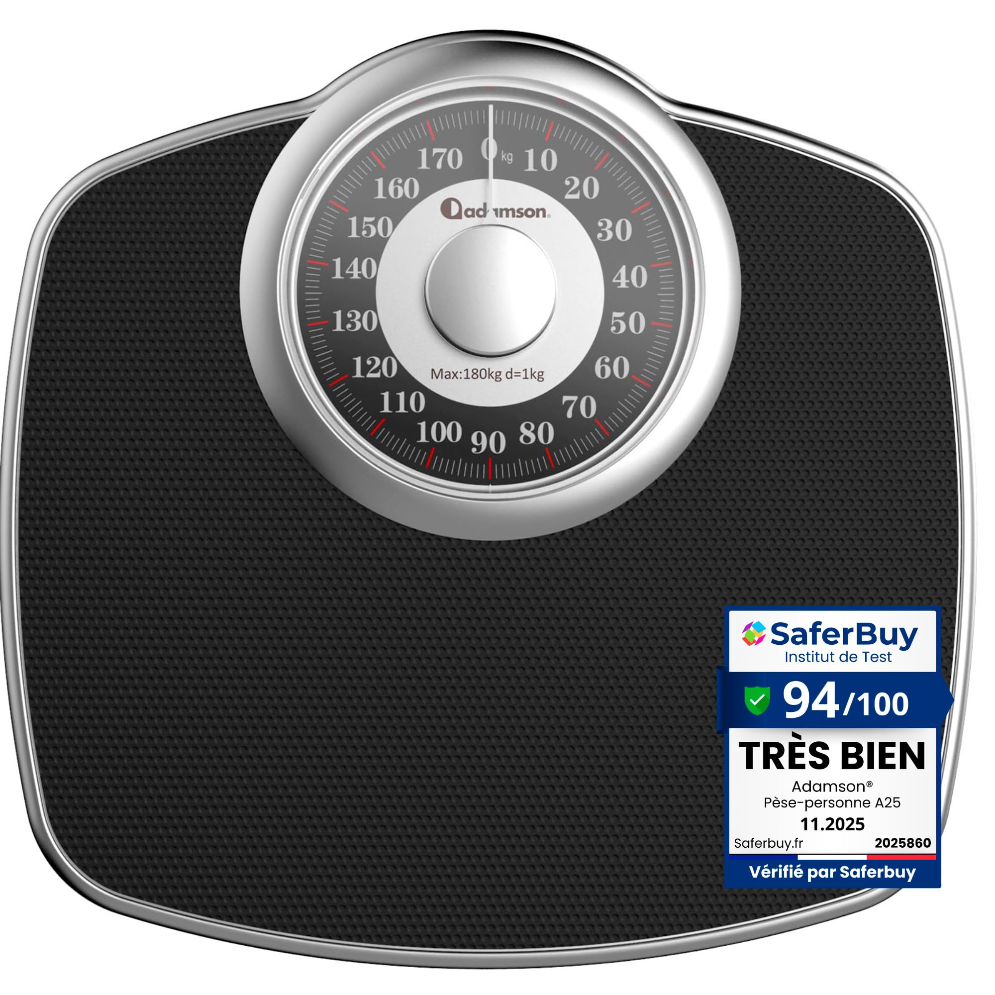 Adamson A25 Pèse-Personne Pour Poids Corporel - Jusqu’à 180 KG - Cadran 5,3” Sur Plateforme 31x30 CM - Surface en Caoutchouc Antidérapant - Pèse-Personne Analogique - Durable Avec 20 Ans de Garantie