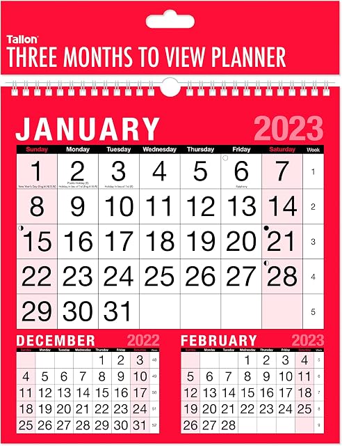 2023 Calendar 3 Month To View Spiral Bound Wall Planner for Home Business Office School 1 January 2023 to 31 December 2023