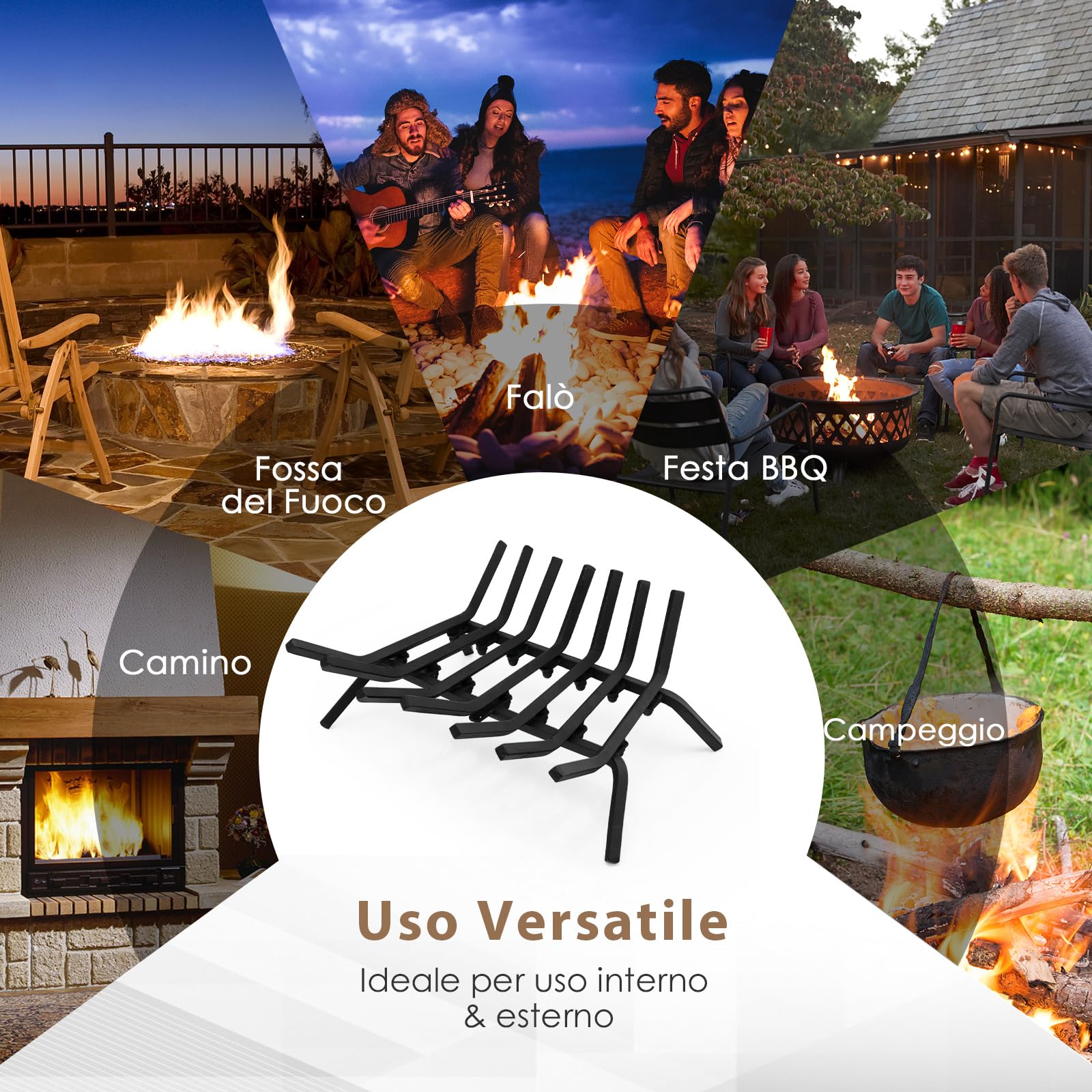 COSTWAY Brucialegna per Camino da 46 cm, Portalegna in Ferro Battuto con 7 Barre da 14 mm, Design a V e Altezza Elevata, Supporto per Legna per Caminetto, Stufa a Legna e Bracciere