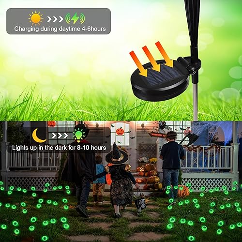 Miniatura 3 de Luces solares de globo ocular para decoración de Halloween, paquete de 2 12 luces LED verdes de luciérnaga con estacas, luces solares impermeables y