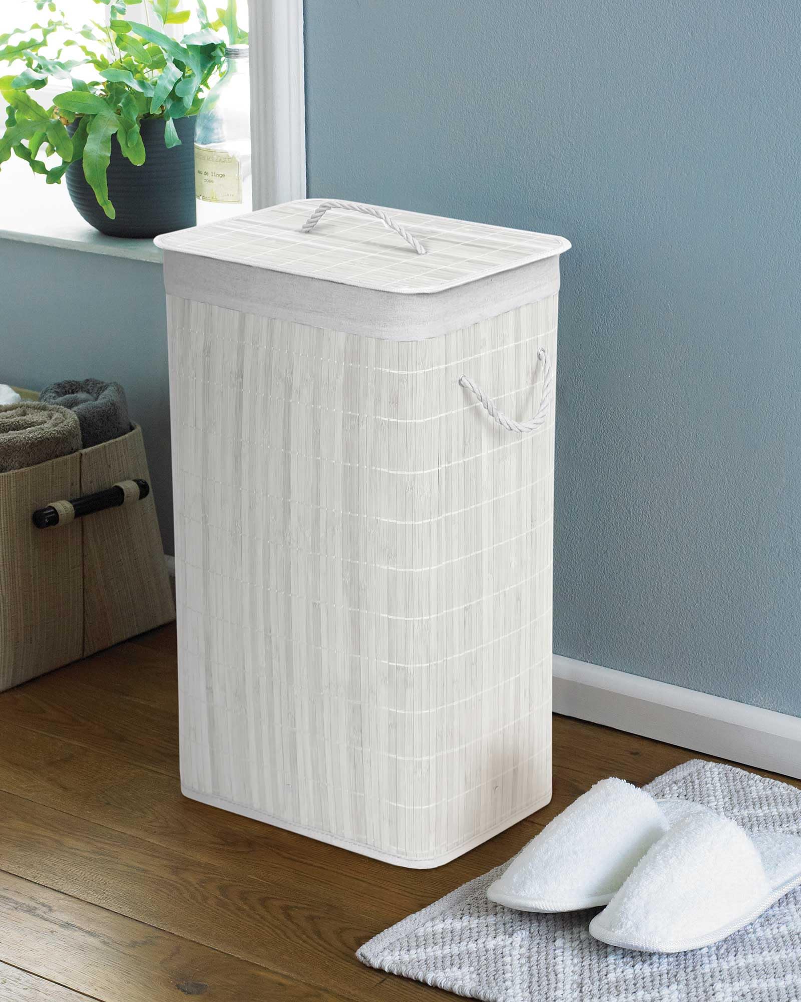 COUNTRY CLUB Rectangular Bamboo Laundry Hamper Basket Clothes Storage Organizer With Lid (Nouveau White)