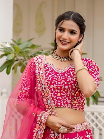 TRENDMALLS Women 's Satin Embroidery Sequence Work Lehenga Choli Set with Dupatta For Women