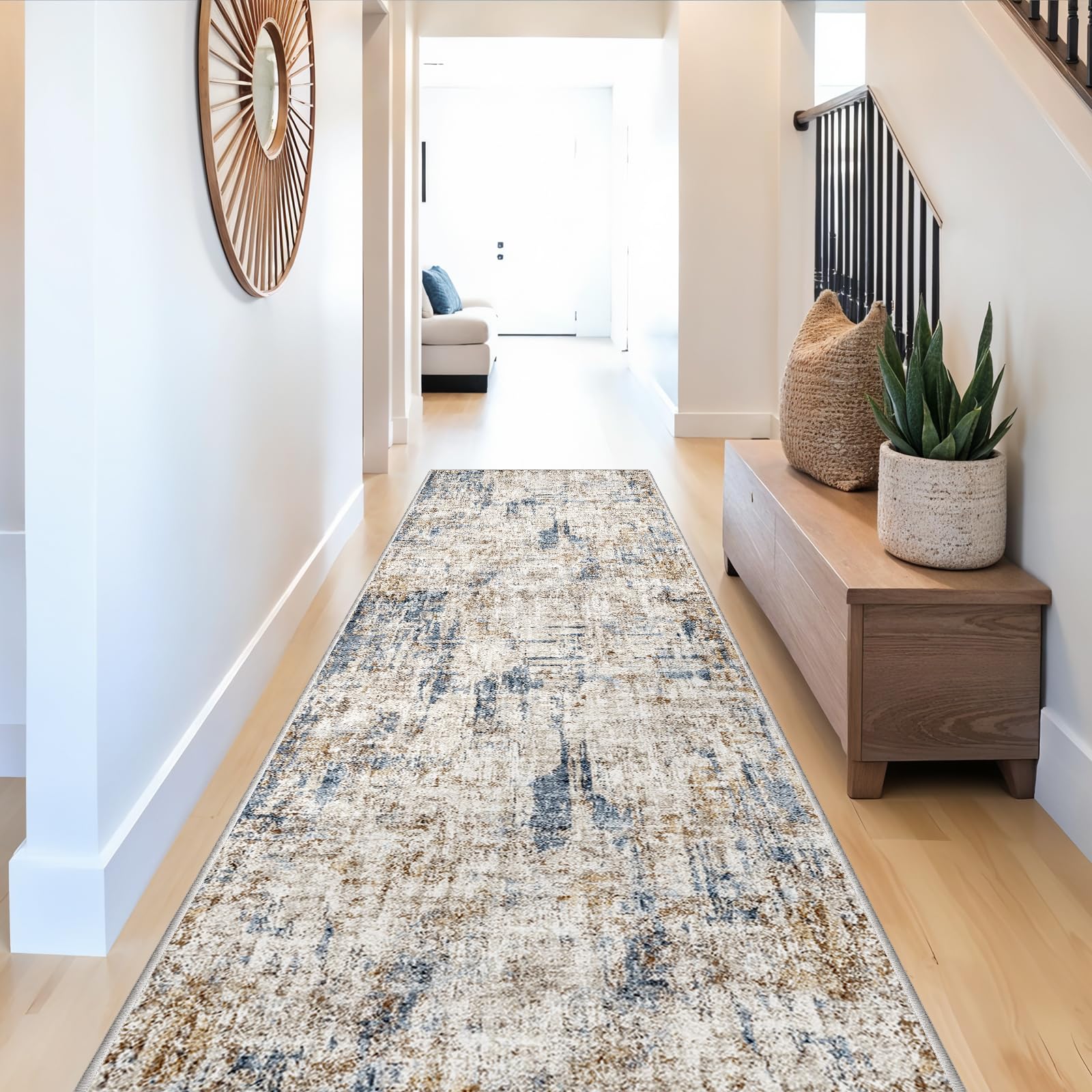 3x15 Ft Long Hallway Runner Rug - Non-Slip Washable Kitchen Runner Rug with Rubber Backing | Modern Abstract Wide Floor Carpet Runner for Indoor Entryway, Bedroom, Living Room（Blue Brown） — image 1