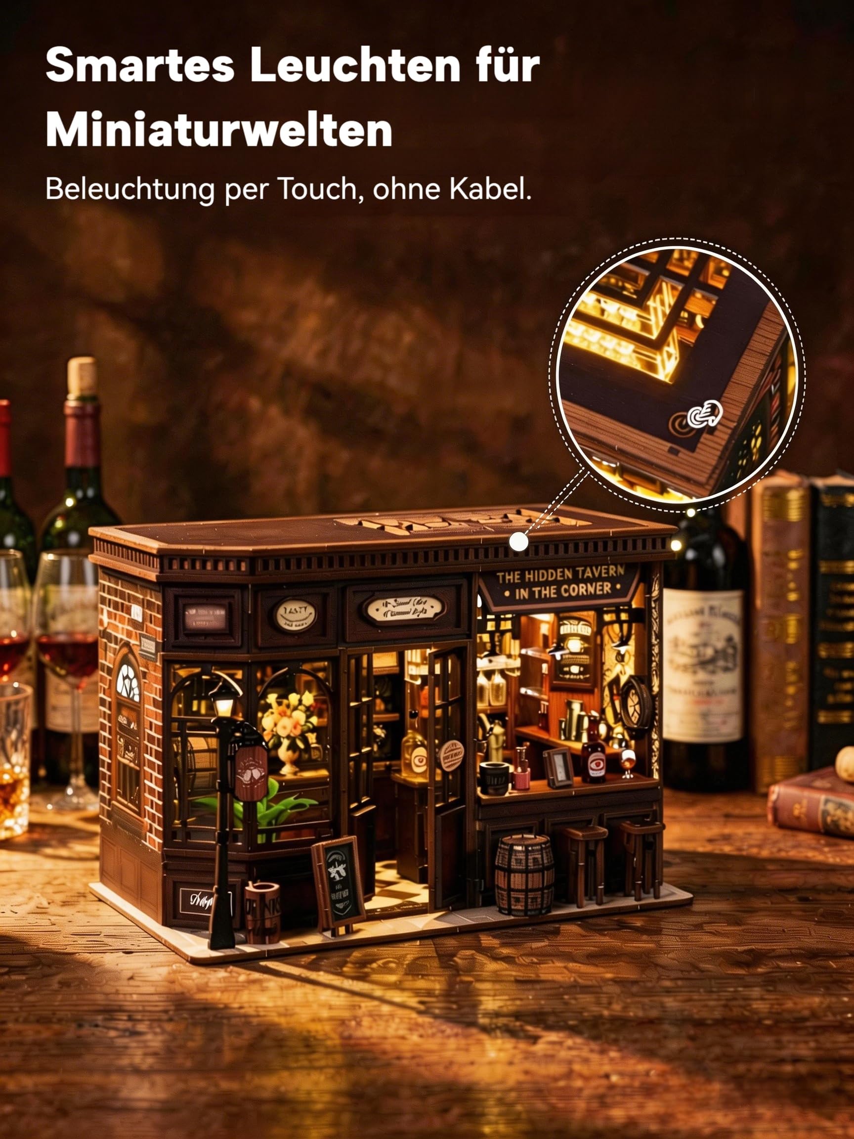 Book Nook Kit Taverne DIY Holz – 3D Puzzle Miniatur Haus mit LED Licht & Touch Sensor – Vintage Kneipe Bücherregal Deko & Buchstütze – Einsteigerfreundlich Geschenk für Erwachsene (Taverne)