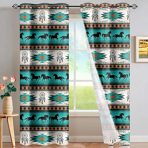 GLENLCWE Paquete de 2 paneles de cortina para ventana con estampado azteca de caballo tribal, para dormitorio, sala de estar, cocina, decoración de