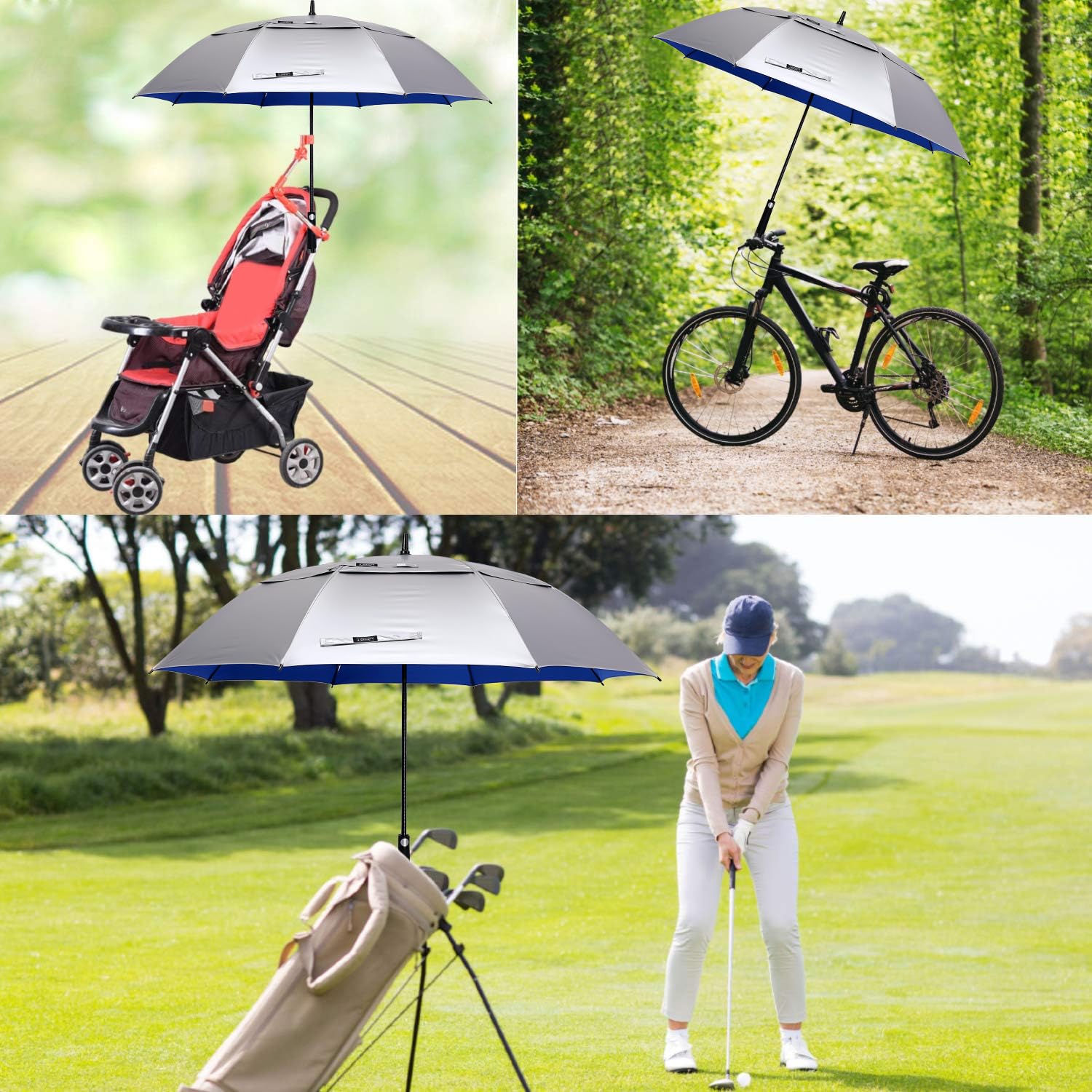 G4Free - Ombrello da golf con protezione UV da 137 cm, apertura automatica, doppia copertura, oversize, extra large, antivento, per sole e pioggia (argento/blu).