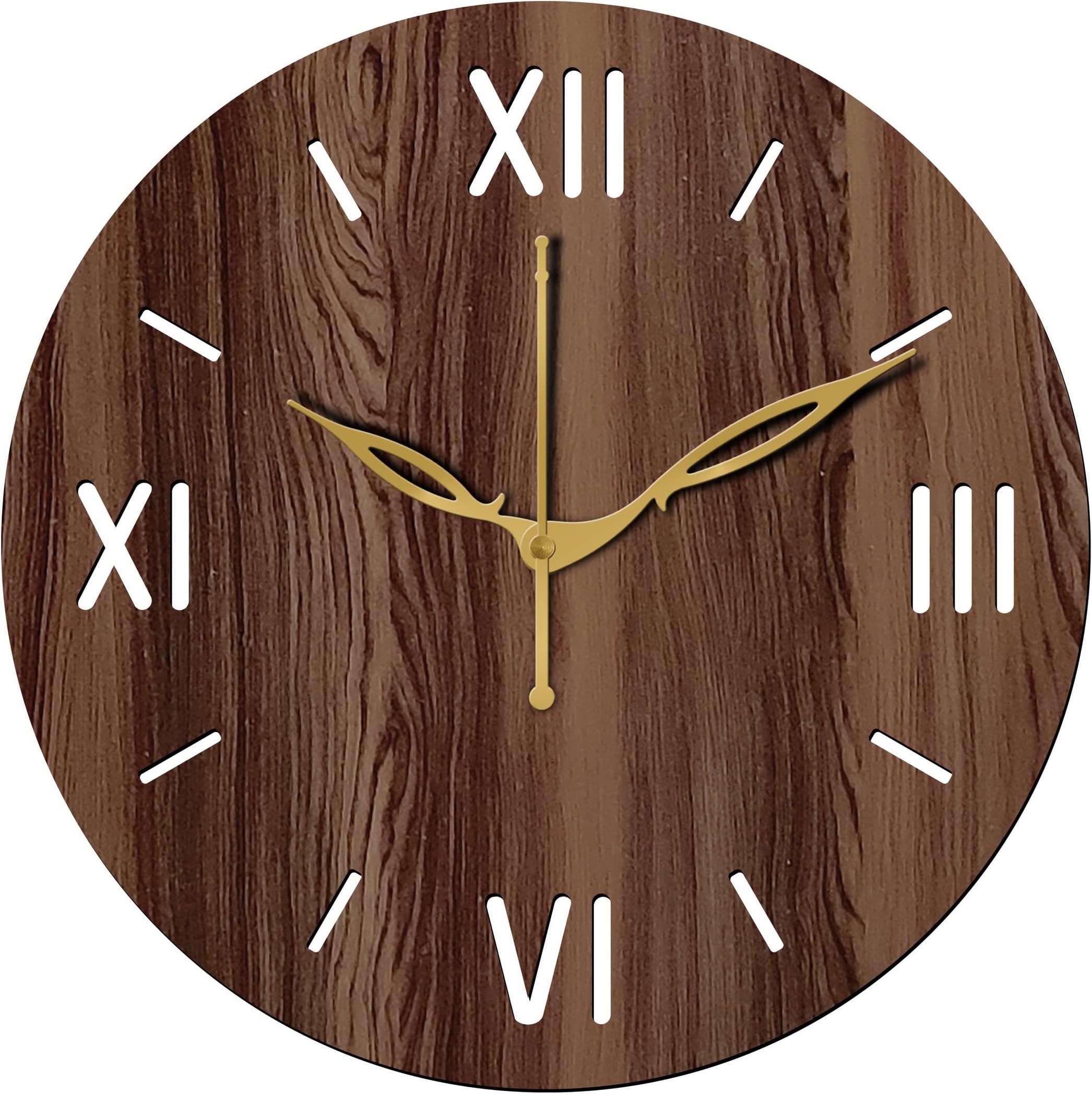 12" Inch Wooden MDF Roman Round Wall Clock Without Glass (Brown, 30cm x 30cm) -12