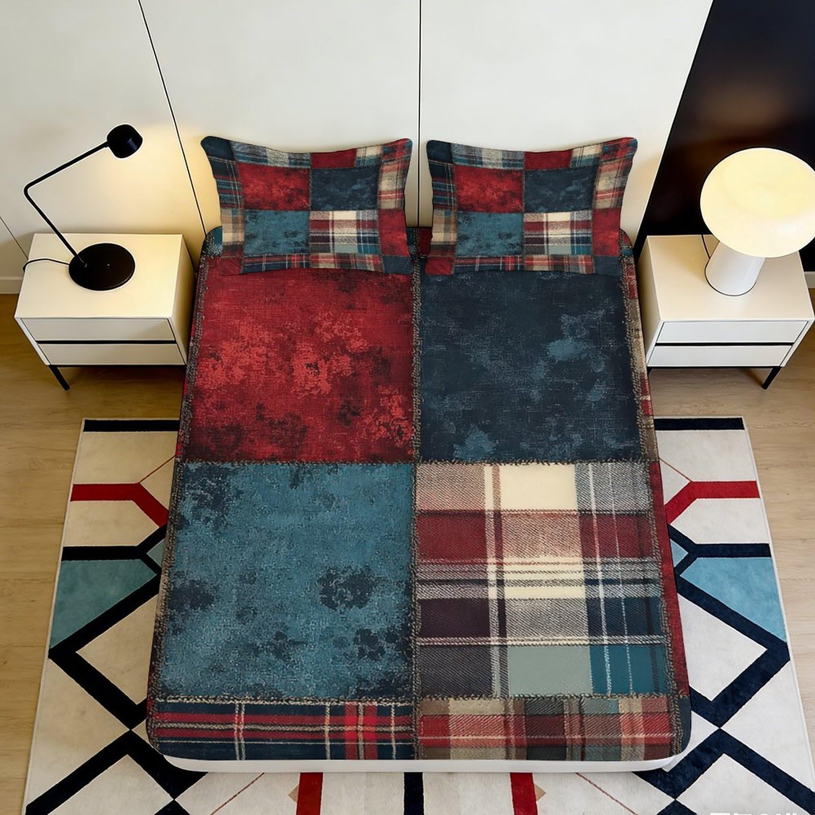 3D Printed Patchwork Plaid Fitted Sheet Microfiber Soft Red Blue Mattress Cover for Bedroom Guest Room Decor 90x200x25cm