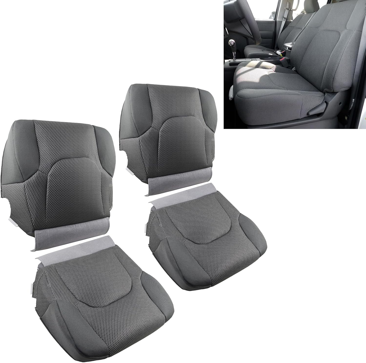 Driver and Passenger Side Bottom and Top Lean Back Seat Covers Compatible with Nissan Frontier S SV XE LE SE 2005-2015 2016 2017 2018 2019, Bottom & Top Lean Back Cloth Seat Covers Gray