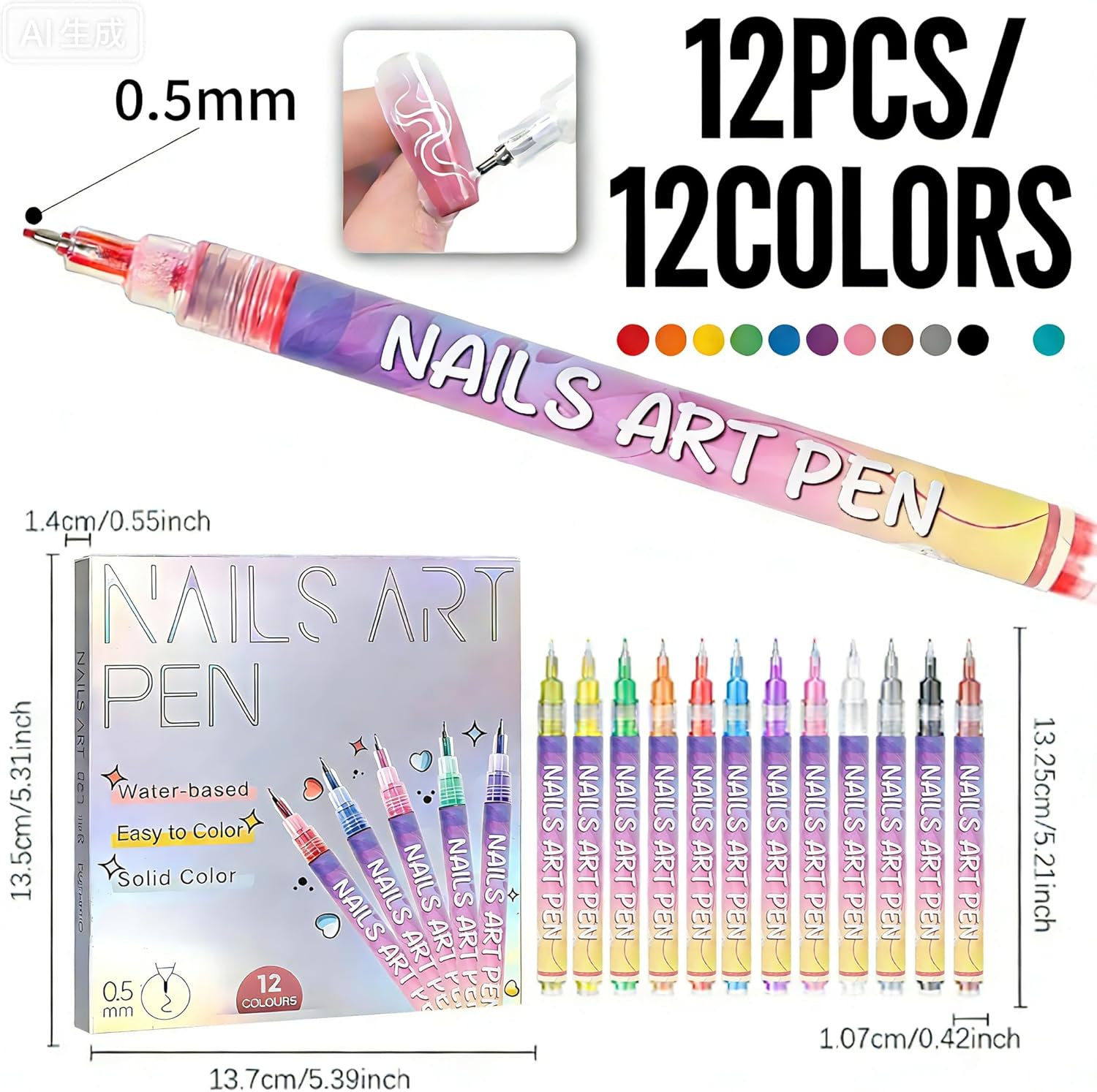 Rugwun 12 Colors Nails Polish Pens,New Nails Pen for 3D Nails Design,Fine Tip 0.5mm DIY Nails Drawing Painting Liner Pen,Portable Nails Design Tools (B-2 Sets)