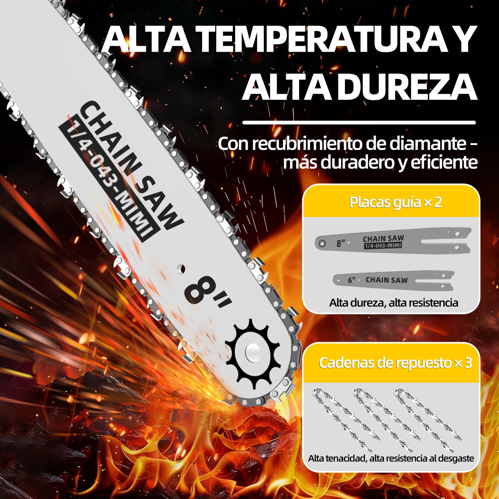 Mini motosierra inalámbrica 8" y 6", engrase automático, cadena repuesto, motor brushless 1200W, 2 baterías 4000mAh – Poda, jardín y corte madera