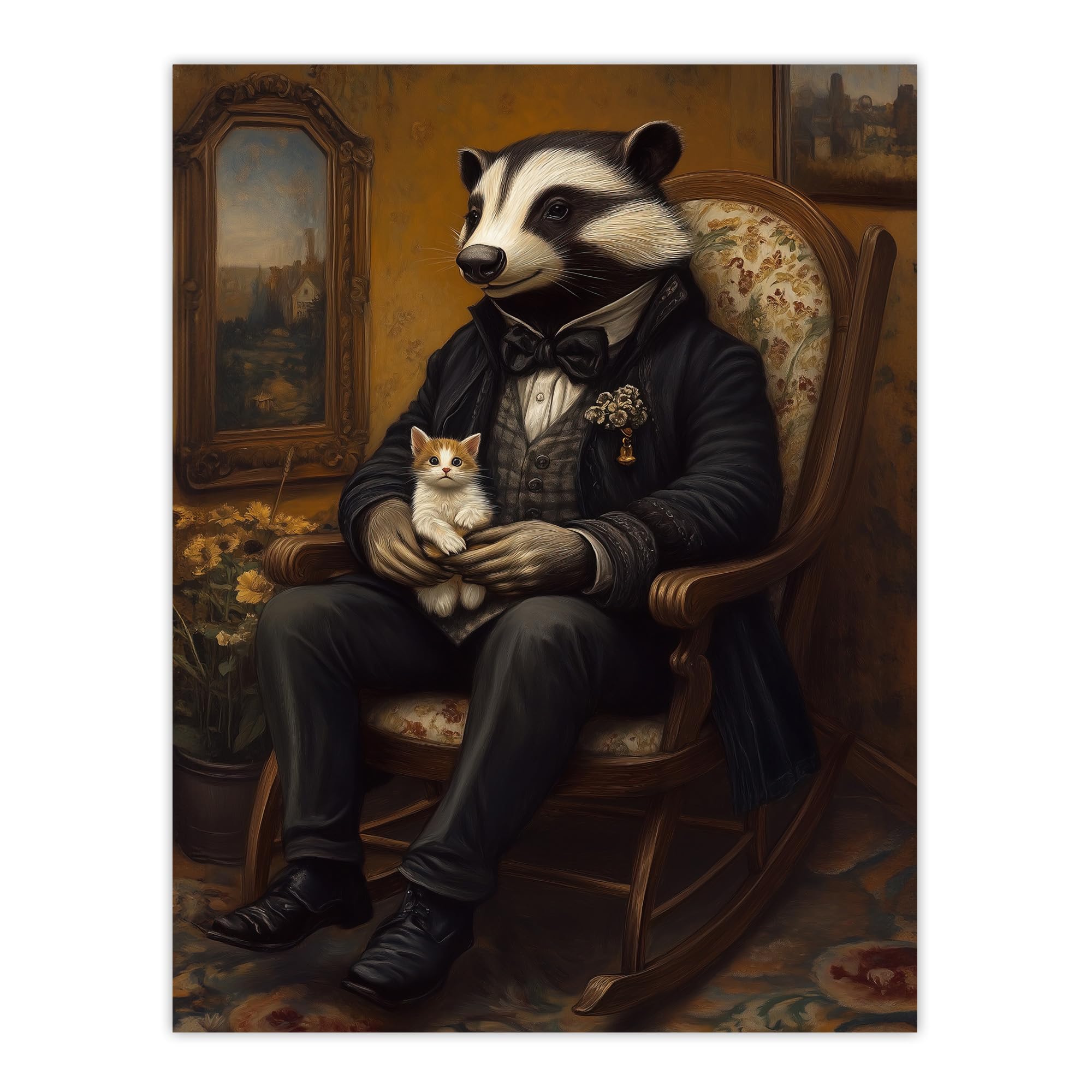 Victorian Badger with Kitten on Rocking Chair Wall Art Print - Artery8 - W24 inch x H32 inch - Brown