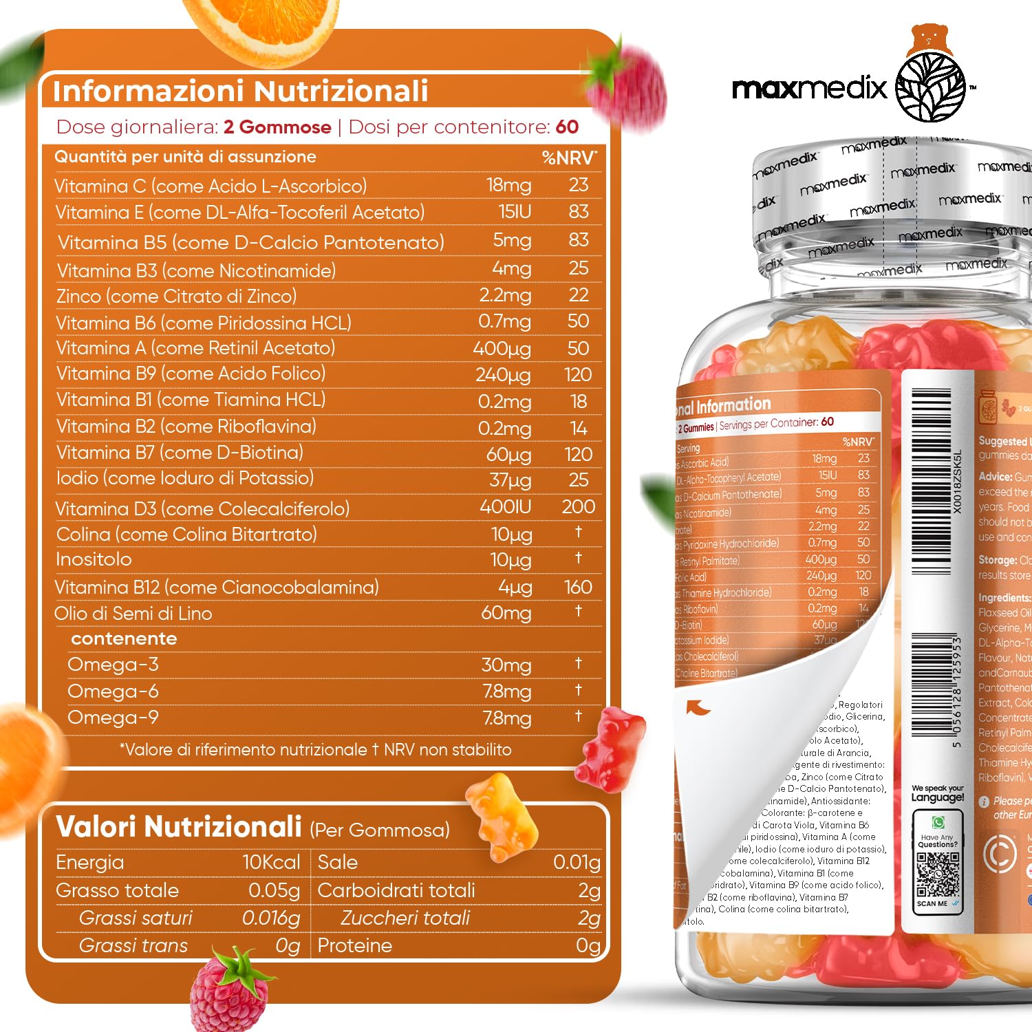 Vitamine Bambini con Omega 3 6 9, 120 Gommose (2 Mesi), 12 Vitamine con Zinco e Inositolo, Multivitaminico Bambini, Gusto di Lampone e Arancia, per Vegetariani, Adatto dai 3 ai 12 Anni, Senza Glutine