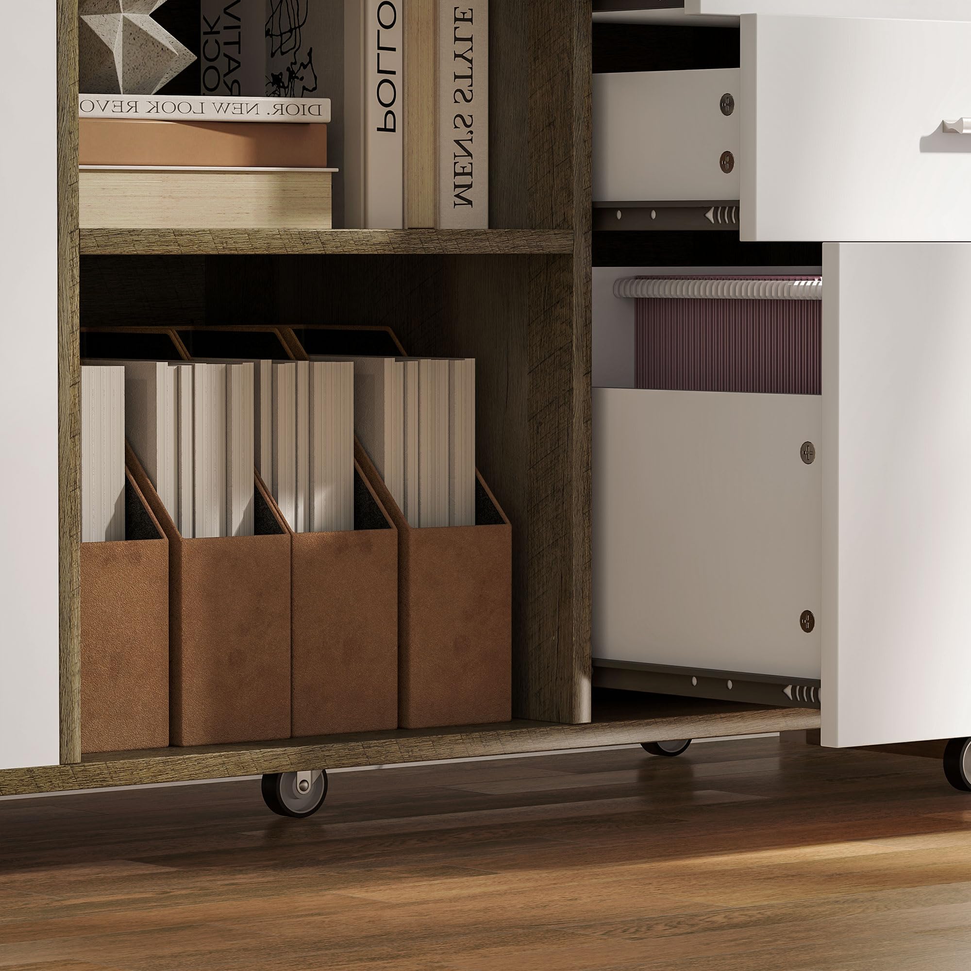 HOMCOM Cajonera de Oficina con Estación de Carga, Mueble Archivador con Ruedas, 3 Cajones, Barra Colgante, Cajonera para Escritorio con Cerradura, Estantes para Carta, A4, Legal, Marrón Grisáceo