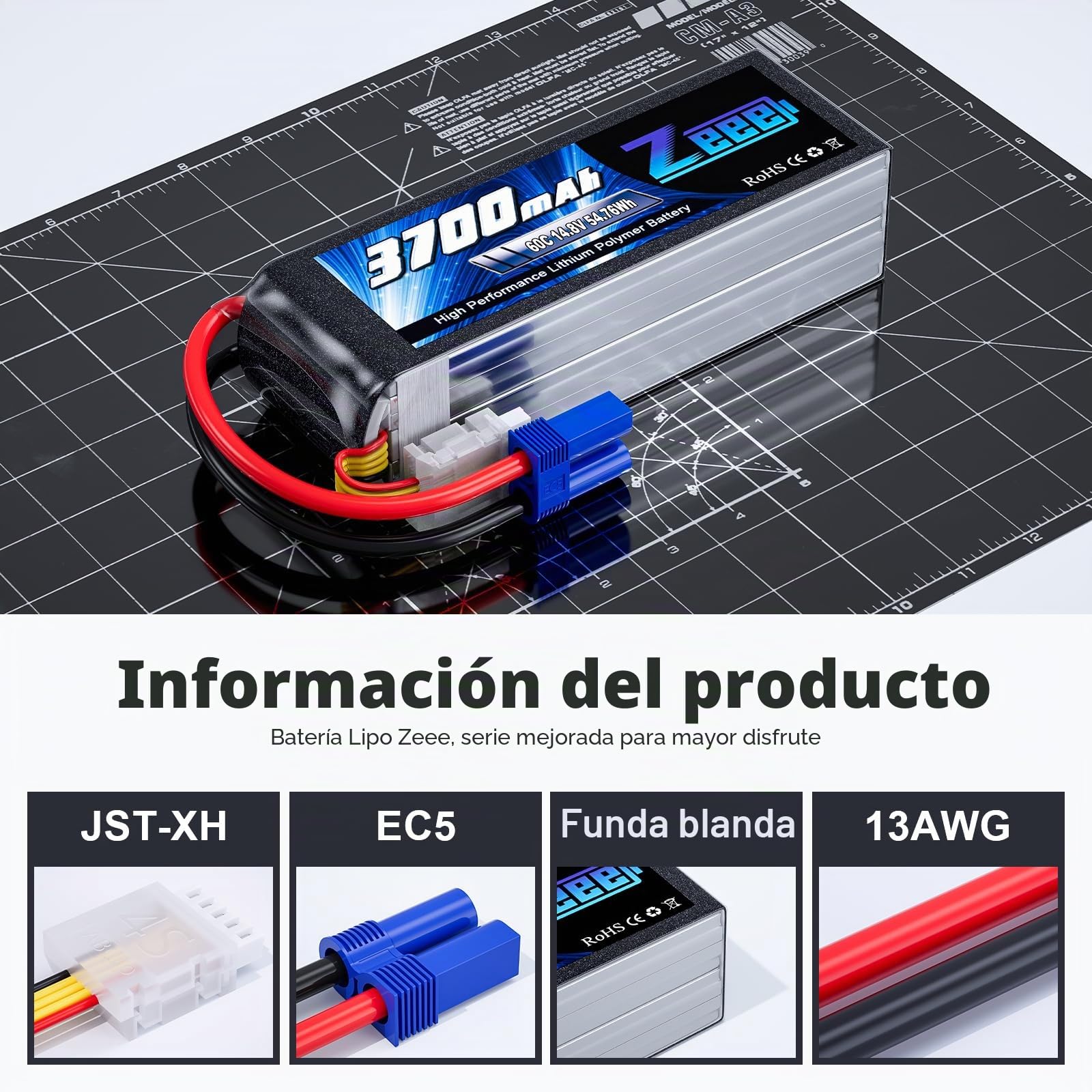Zeee 4S Lipo Batería 14.8V 60C 3700mAh RC Batería con Conector EC5(2 pcs)