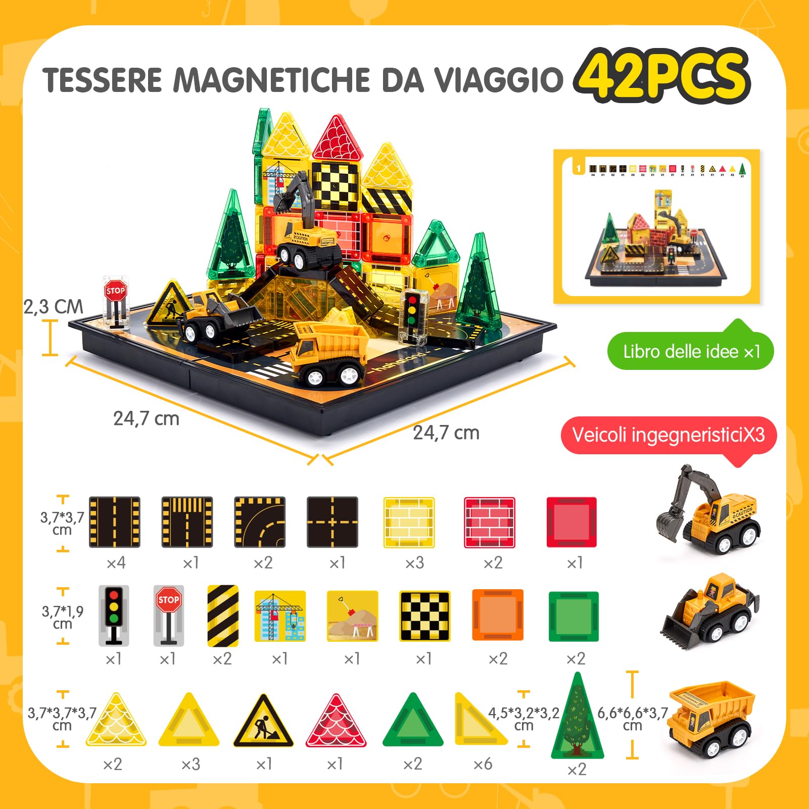 hahaland Costruzioni Magnetiche da Viaggio 42 Pezzi, Tessere Magnetiche Bambini 3+ Anni Tema Cantiere con Veicoli, Giochi Magnetici per Viaggi in Auto e Aereo, Regalo Compleanno 3 4 5 anni
