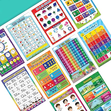 Chaka Chaundh Alphabet, Numbers, Time, 1 to 100 Counting and Varnamala Educational Posters Charts for Preschool Kids Classroom Study (18 x 12 Inches , Multicolor)