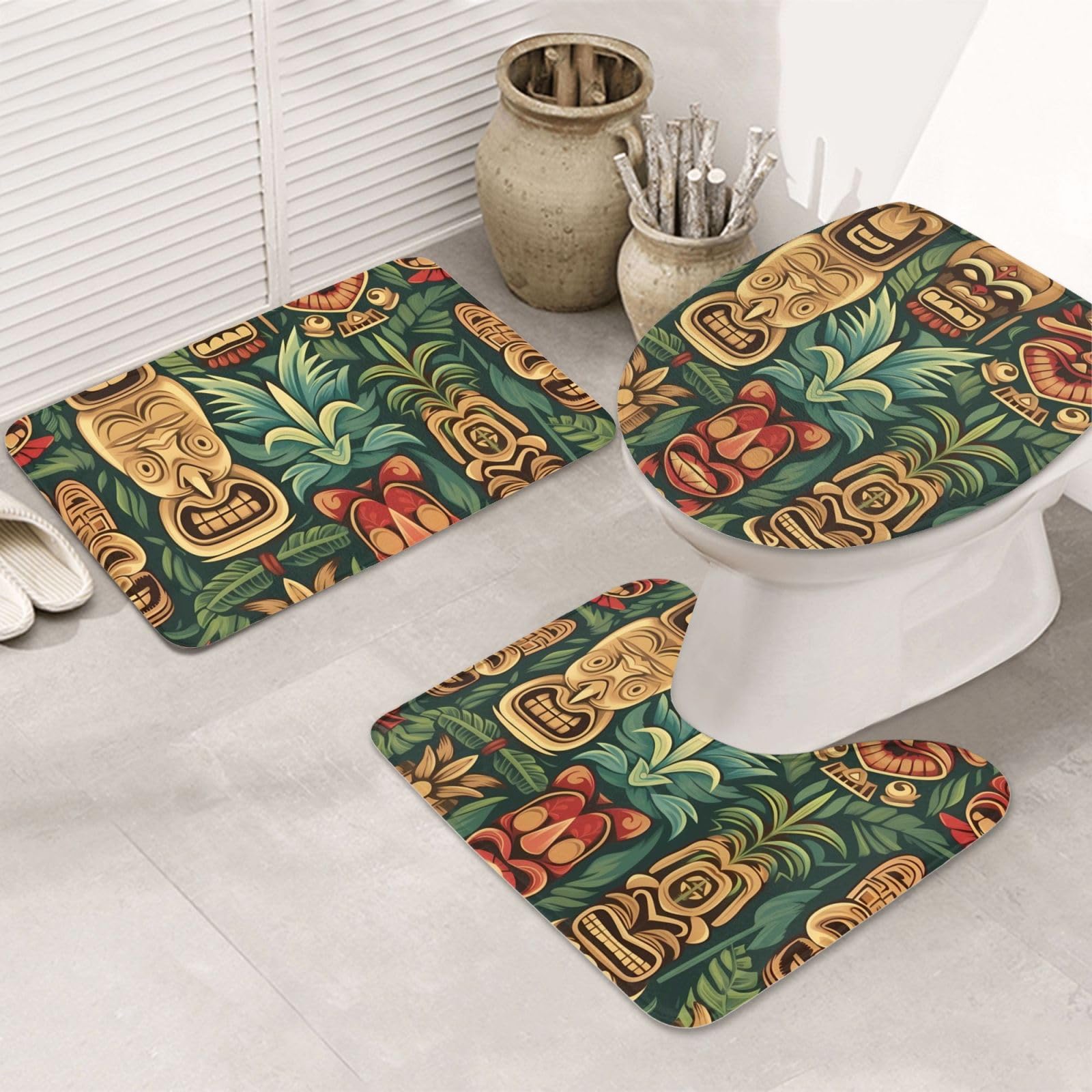 Set di 3 tappetini da bagno in flanella, motivo vintage Aloha Tiki, morbido tappetino da bagno antiscivolo con coperchio per la decorazione della casa