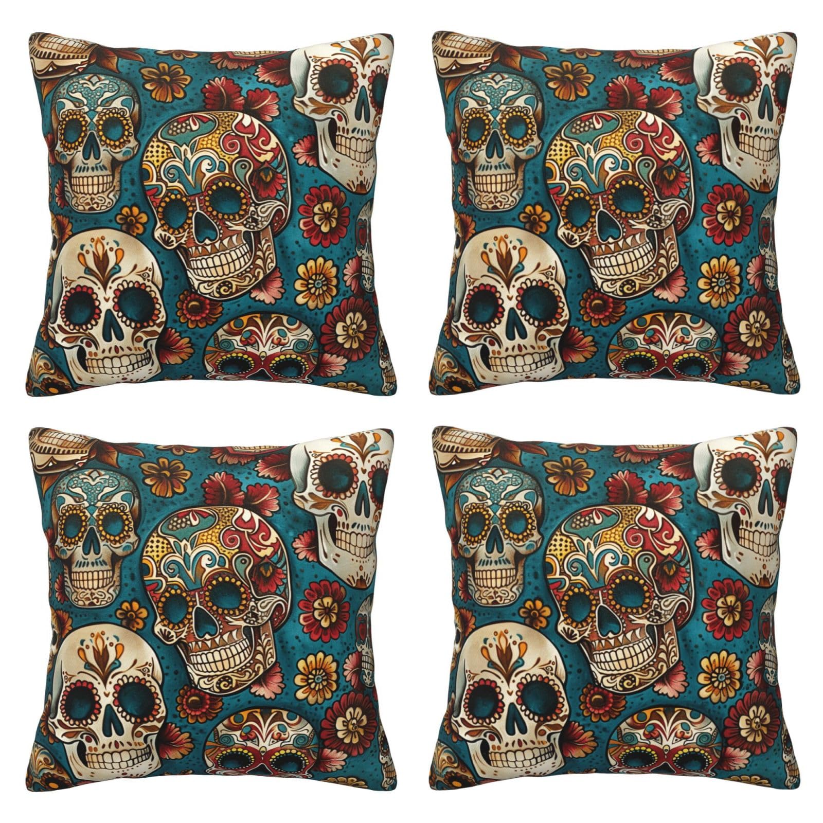 Sugar Skulls Print Throw Pillow Cases 4 Pack Square Pillowcases Super Soft Pillow Protectors With Zipper for Couch Livingroom Sofa Bed Office Car,40x40 CM
