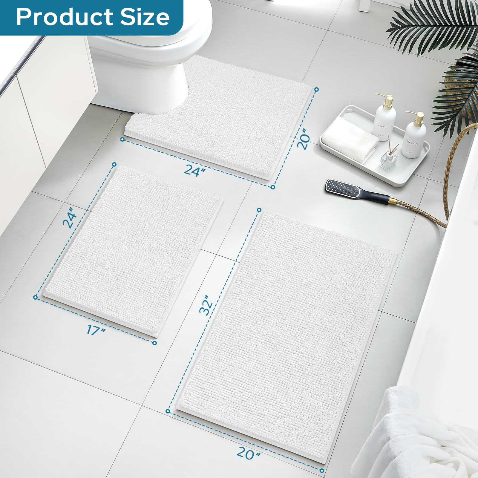 BYSURE Juego de alfombras de baño blancas de 3 piezas, antideslizantes, extra absorbentes, de felpilla, juego de alfombras de baño suaves y secos, para alfombras de baño lavables