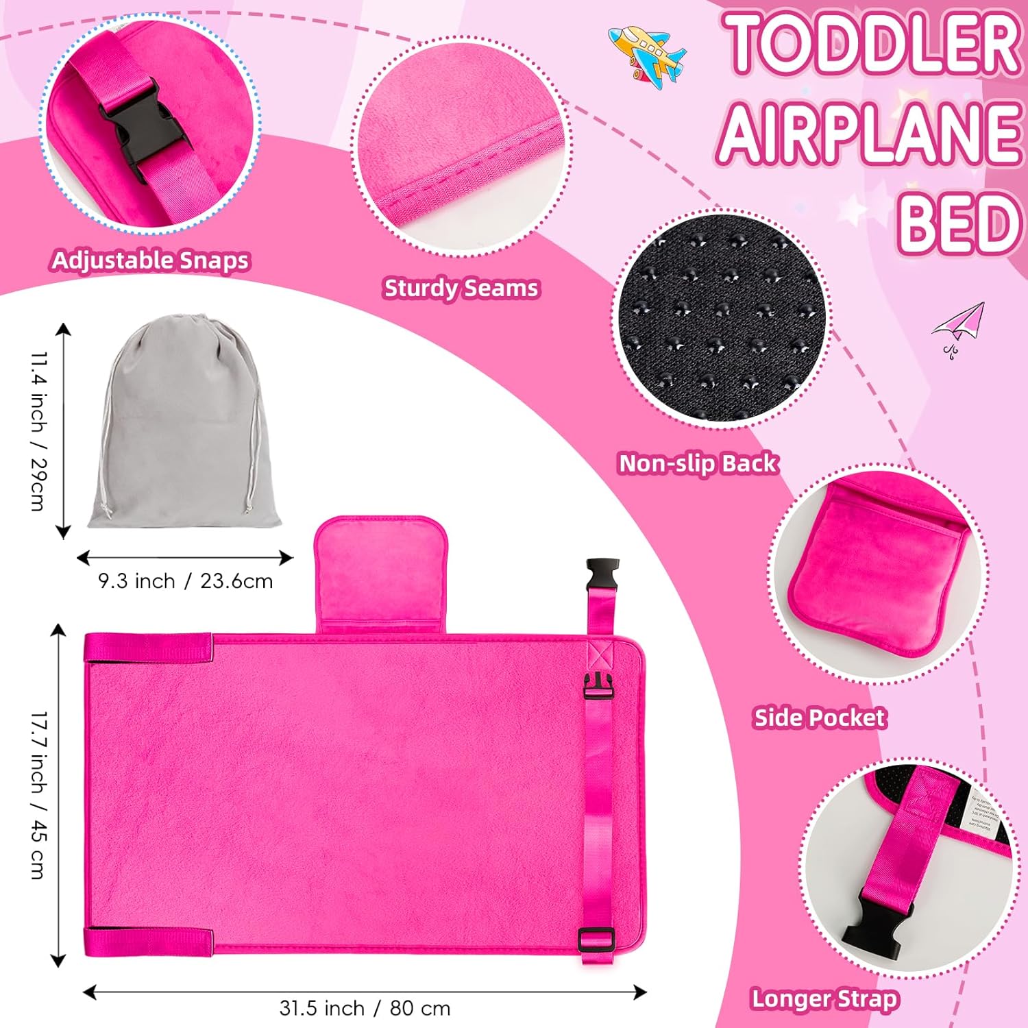 GoCozy Toddler Airplane Bed, Travel Essentials for Kids, Soft Toddler Airplane Travel Essentials with Sticker Book, Pink