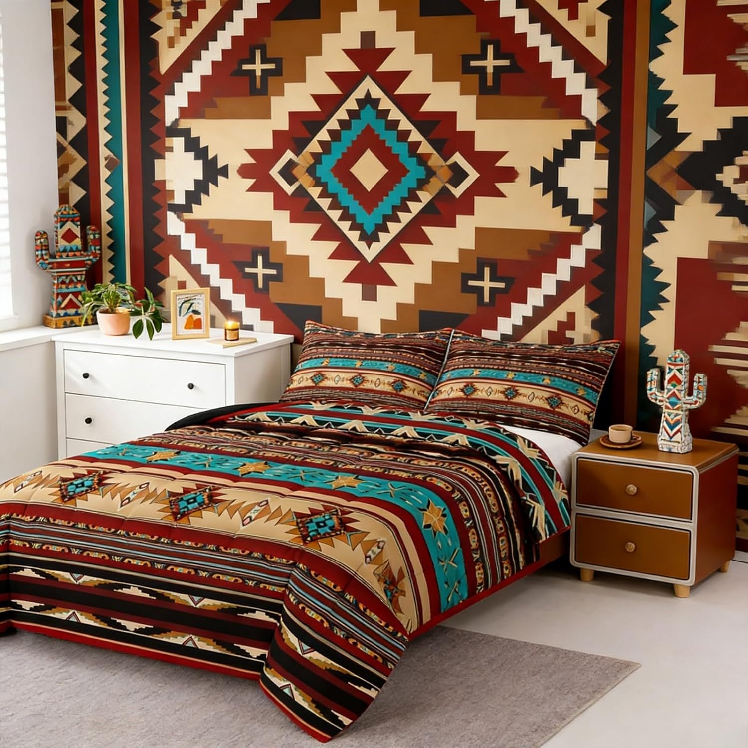 Aztec Quilt Ethnic Tribal Arrow Comforter Set,Vintage Southwestern Native Bohemian Bedding Set Twin,Western Star Duvet Insert Exotic Geometric Diamond Stripes Room Decor,Burnt Sienna Brown - Image 4