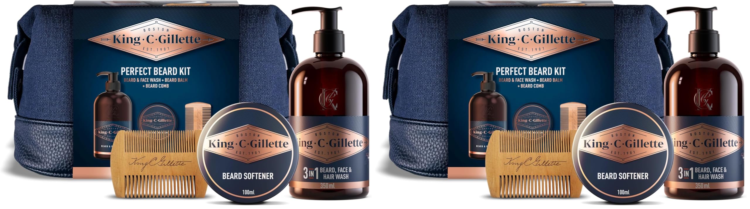 King C. Gillette Kit BALSAMO BARBA, DETERGENTE VISO UOMO, PETTINE BARBA, Ideale per la Cura della Barba, Confezione IDEA REGALO, Set Barba Uomo PROFESSIONALE (Confezione da 2)