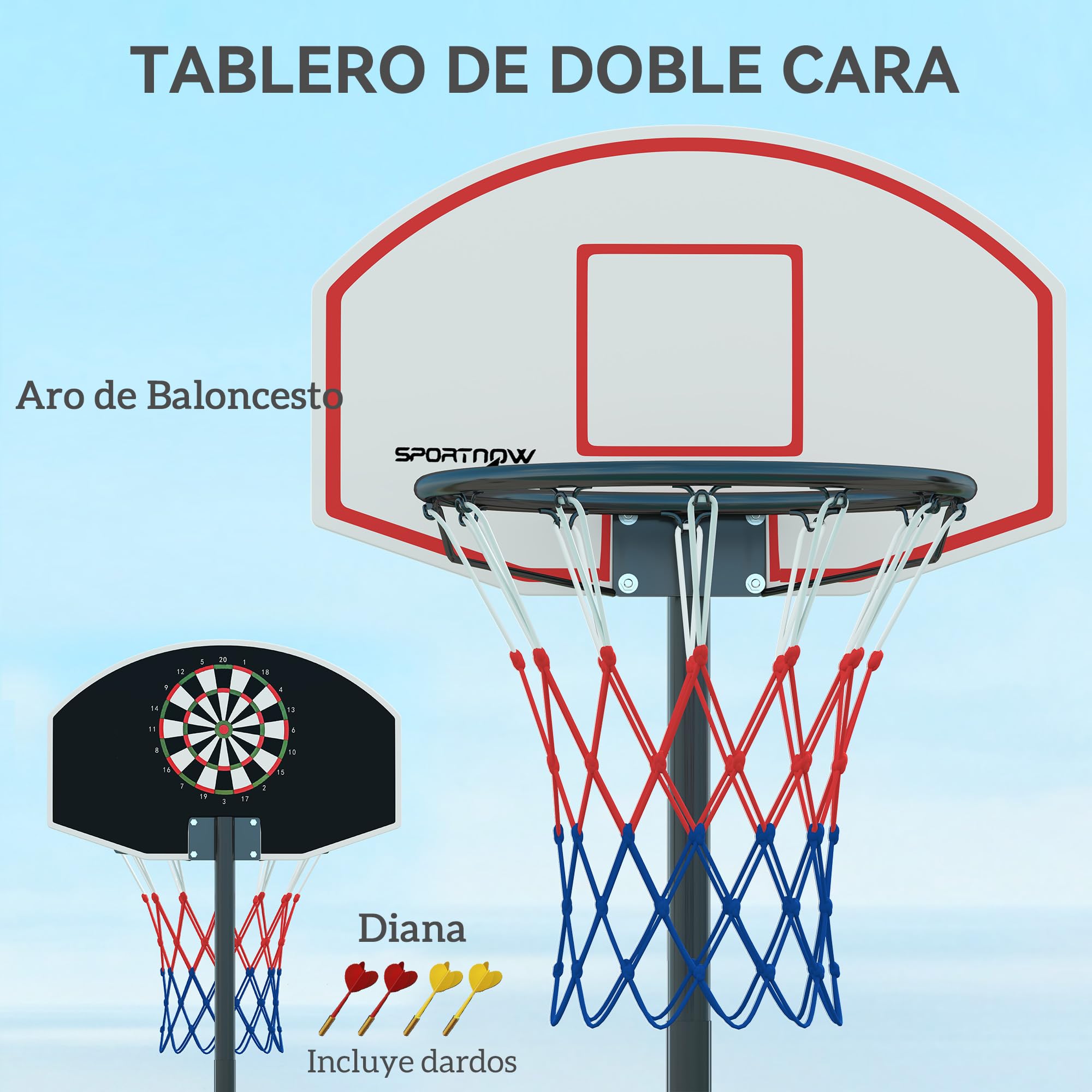 SPORTNOW Canasta de Baloncesto Exterior Tablero Dardos Altura Ajustable 210-247 cm Aro Portátil Ruedas Base Rellenable Negro