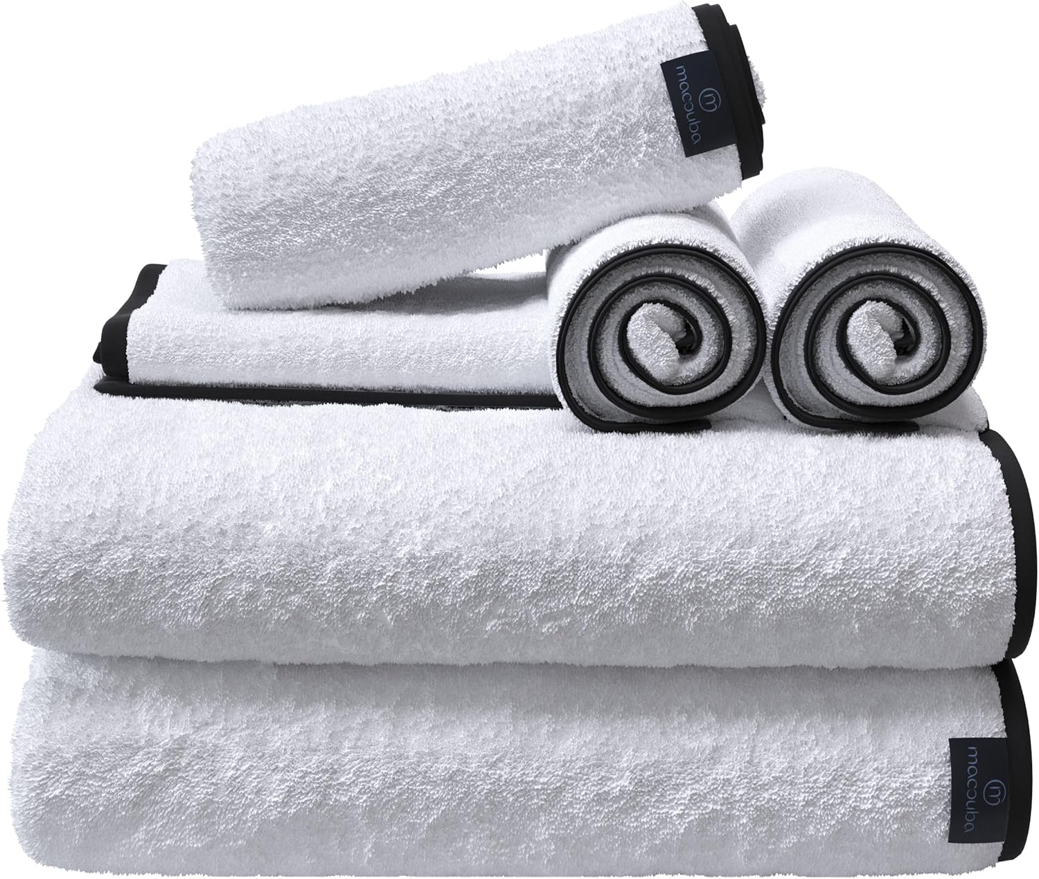 Macouba Bath Towel Set of 6 – White Bath Towels with Black Trim - 2 Bath, 2 Hand, 2 Face, Black and White Bath Towels – 100% Cotton, 600 GSM, Soft & Absorbent Towels for Bathroom