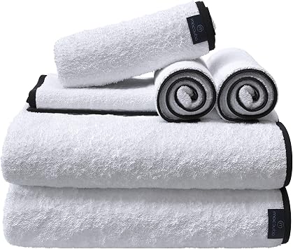 Macouba Bath Towel Set of 6 White Bath Towels with Black Trim - 2 Bath, 2 Hand, 2 Face, Black and White Bath Towels 100% Cotton, 600 GSM, Soft & Absorbent Towels for Bathroom