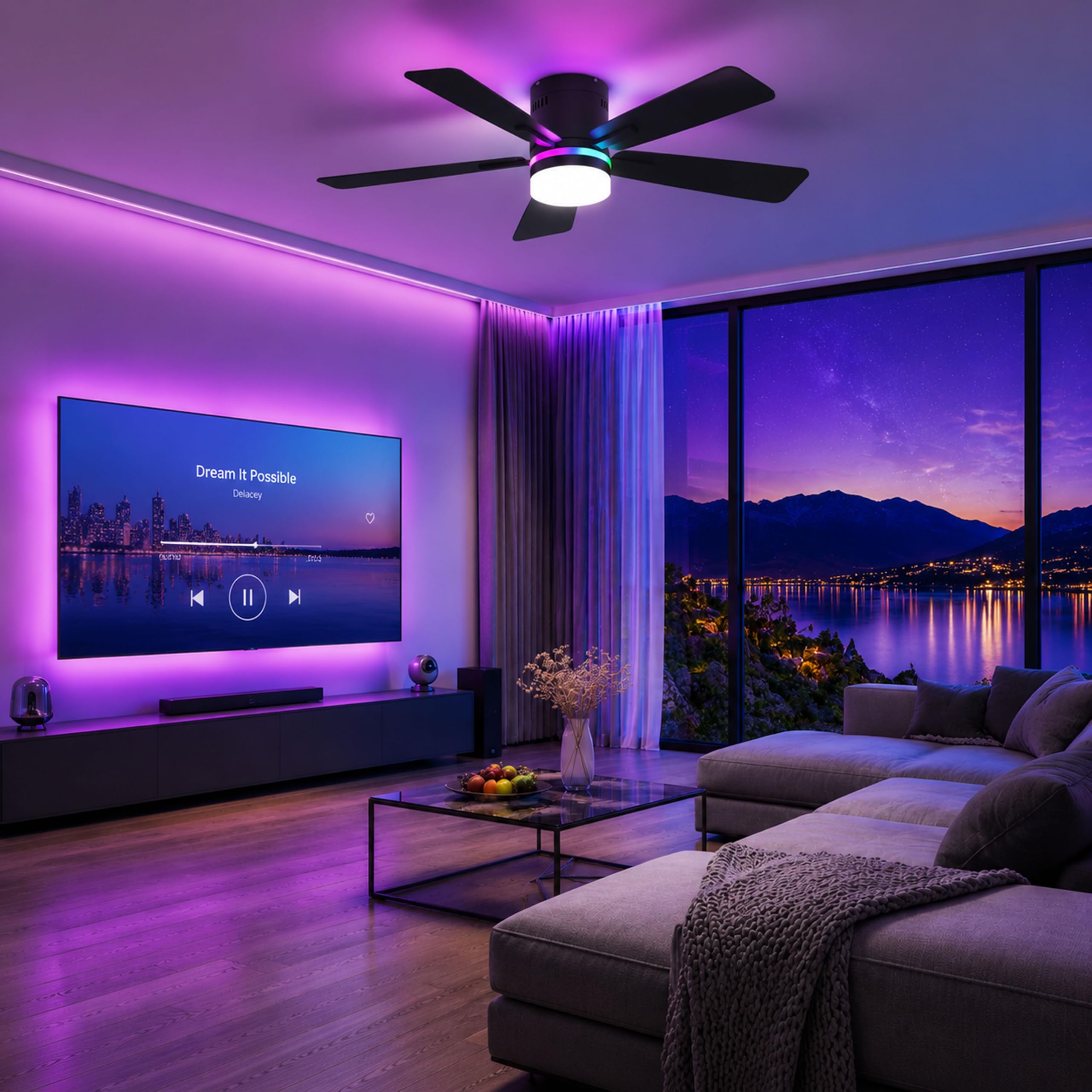106cm RGB Deckenventilator mit Beleuchtung Leiser DC-Motor für Schlafzimmer | Fernbedienbar und App, Dimmbare LED, 6 Gänge,Timer, Doppelseitige Flügel Winter- und Sommermodus, für Wohnzimmer