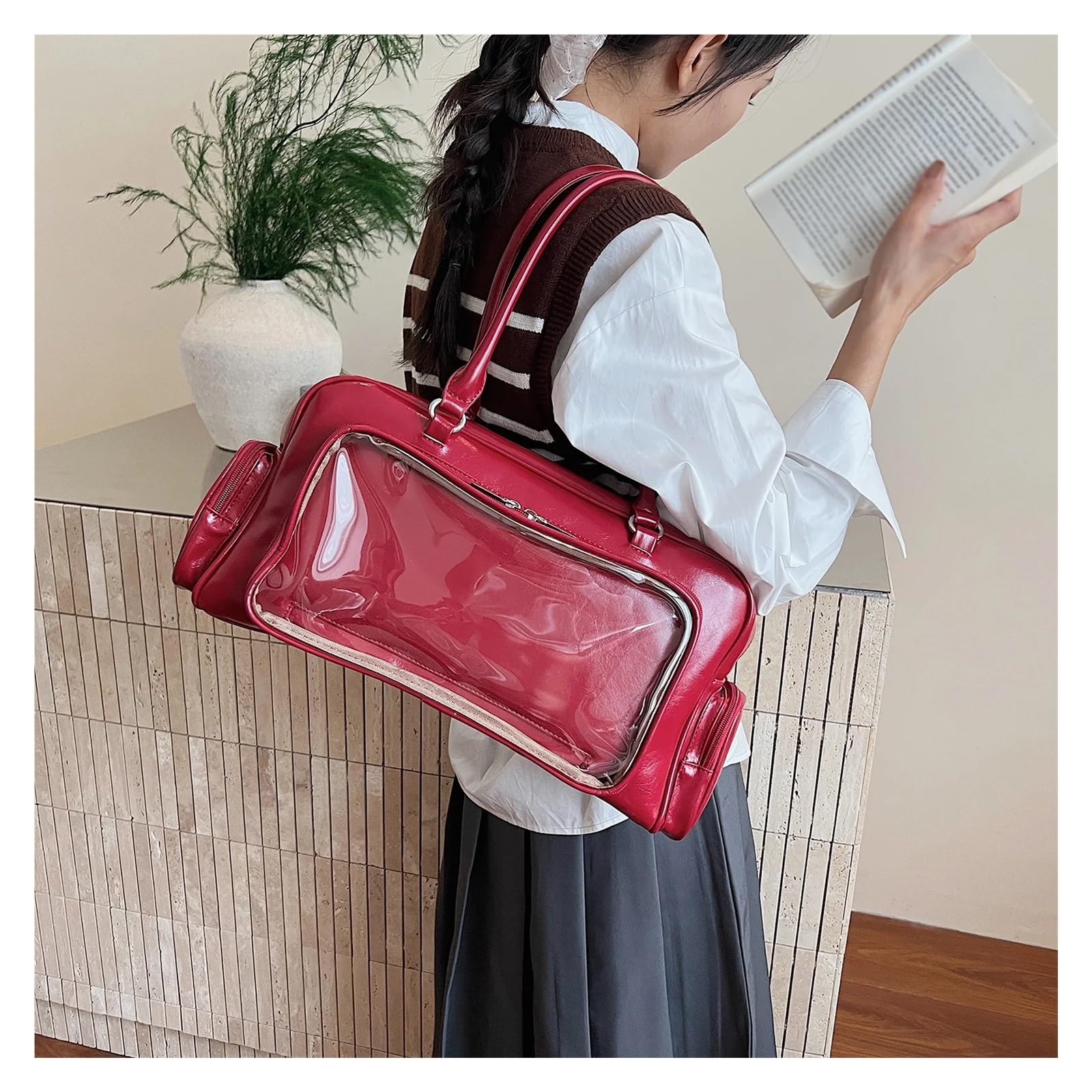 Bolso bandolera Women PU Leather Bowling Bag Transparent Tote Handbag Lightweight Kawaii Shoulder