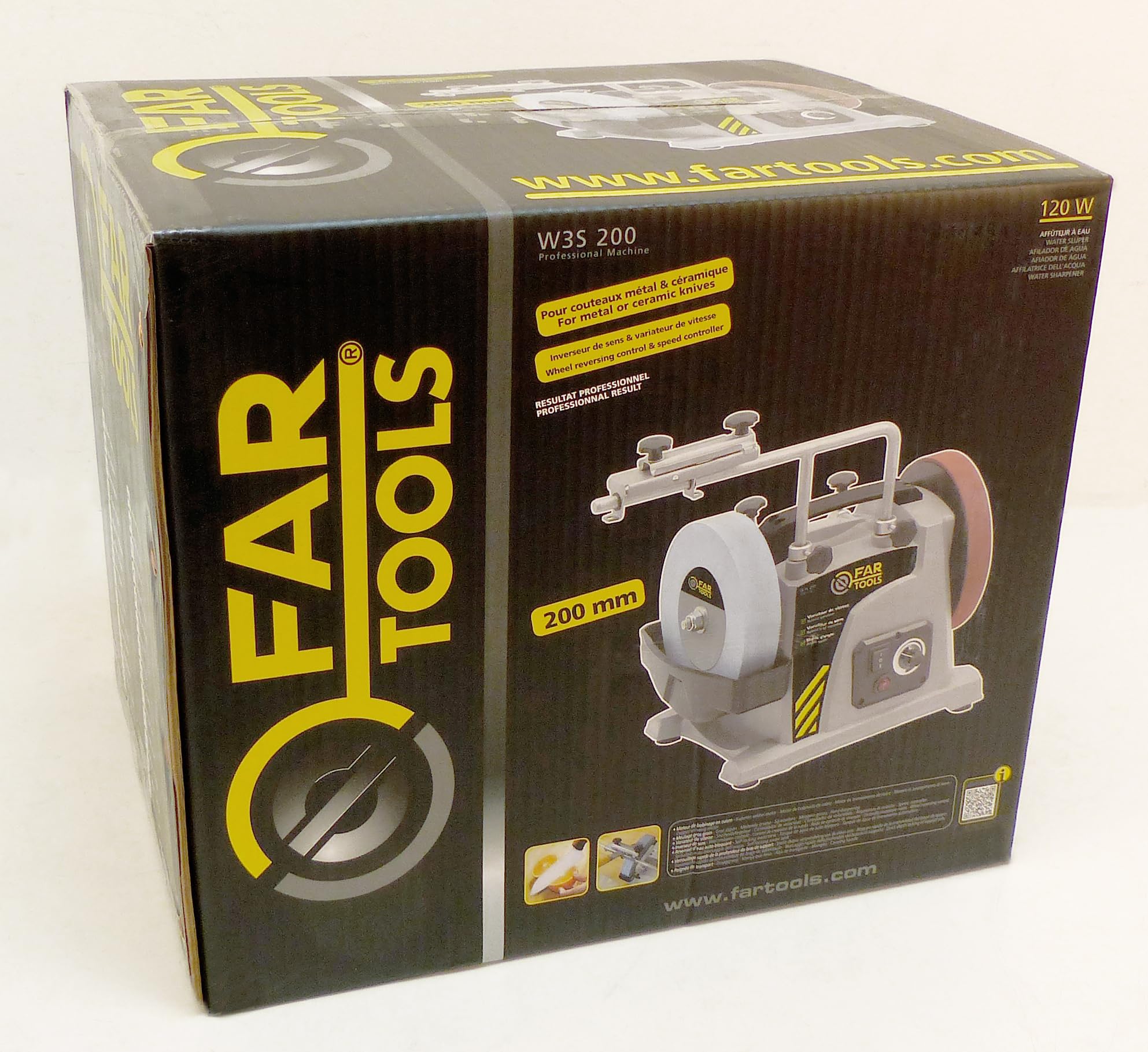 Fartools Affûteur à eau 120W Ø200mm Vitesse variable 30à150tr/min, inverseur de sens, couple réglable, poignée de transport, livré avec pate à graisser, pierre à polir et rapporteur d'angles