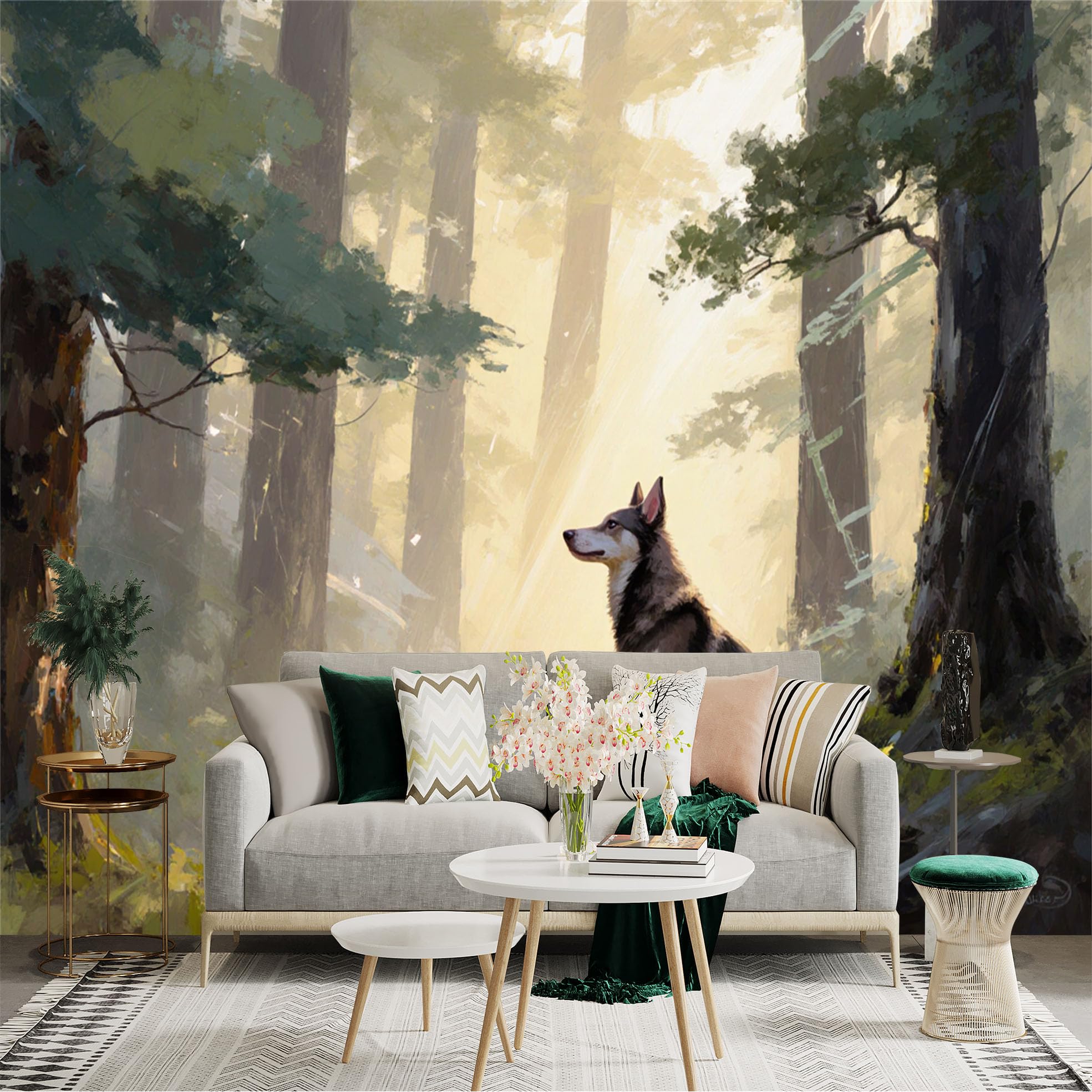 Custom Size Wall Sticker Mural， Dog Sitting in Sunlit Forest with Trees and Green Moss， for wall Decoration， peelandstick wall Decals.
