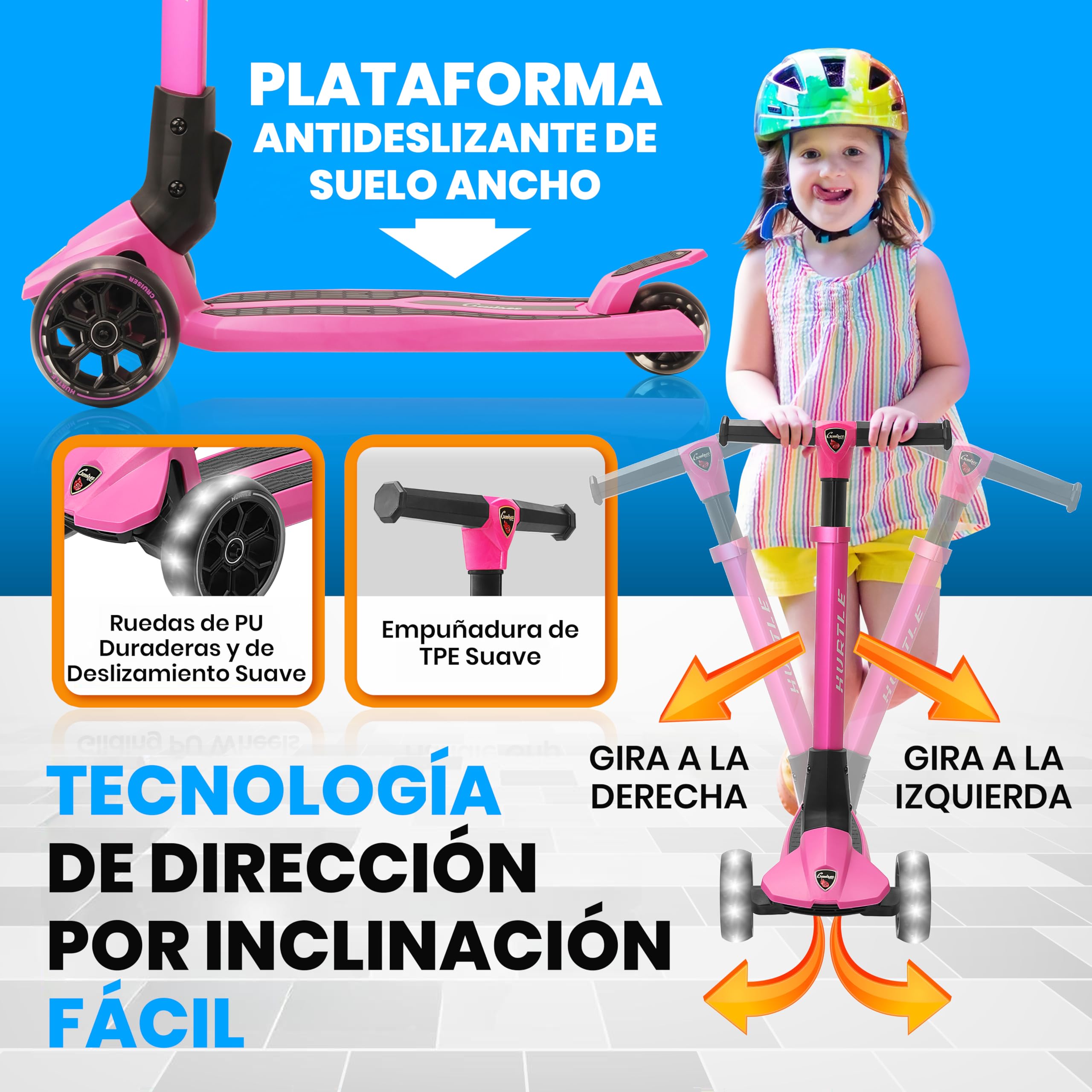 Hurtle Patinete niños 3 Ruedas, Juguetes, 3 años en adelante, Altura Ajustable, Interiores, Exteriores, Luces Intermitentes