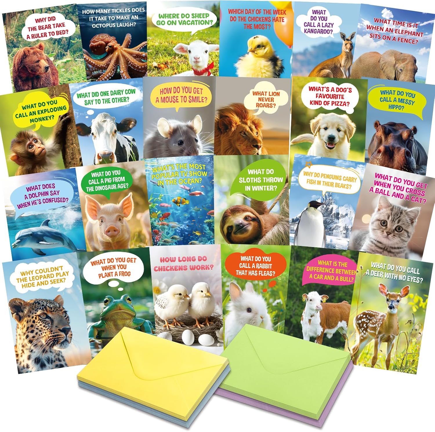 Treasure Cove Funny Animal Joke Cards No Repeats Humorous Animal Greeting Card Thinking of You Notecards with Envelopes Stickers for Kids Students Teacher Classroom Activities Party Supplies 24 Pcs - Image 2