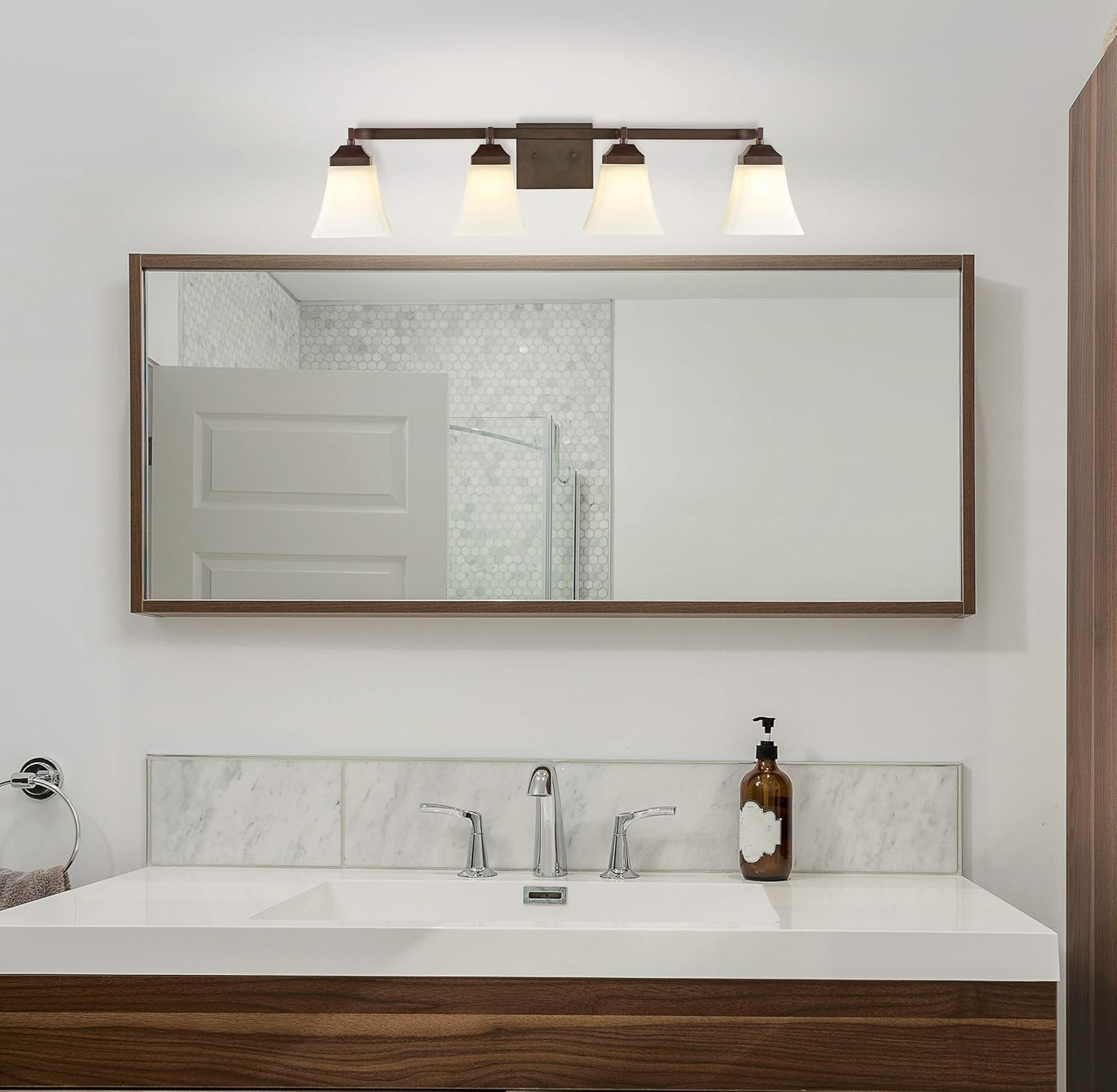 JONATHAN Y 33" Oil Rubbed Bronze Modern Cottage LED Vanity Light Wall Sconce, Farmhouse Wall Lamp for Bathroom Mirror Kitchen, White Glass Shade, LED Bulb Included (JYL7525A)