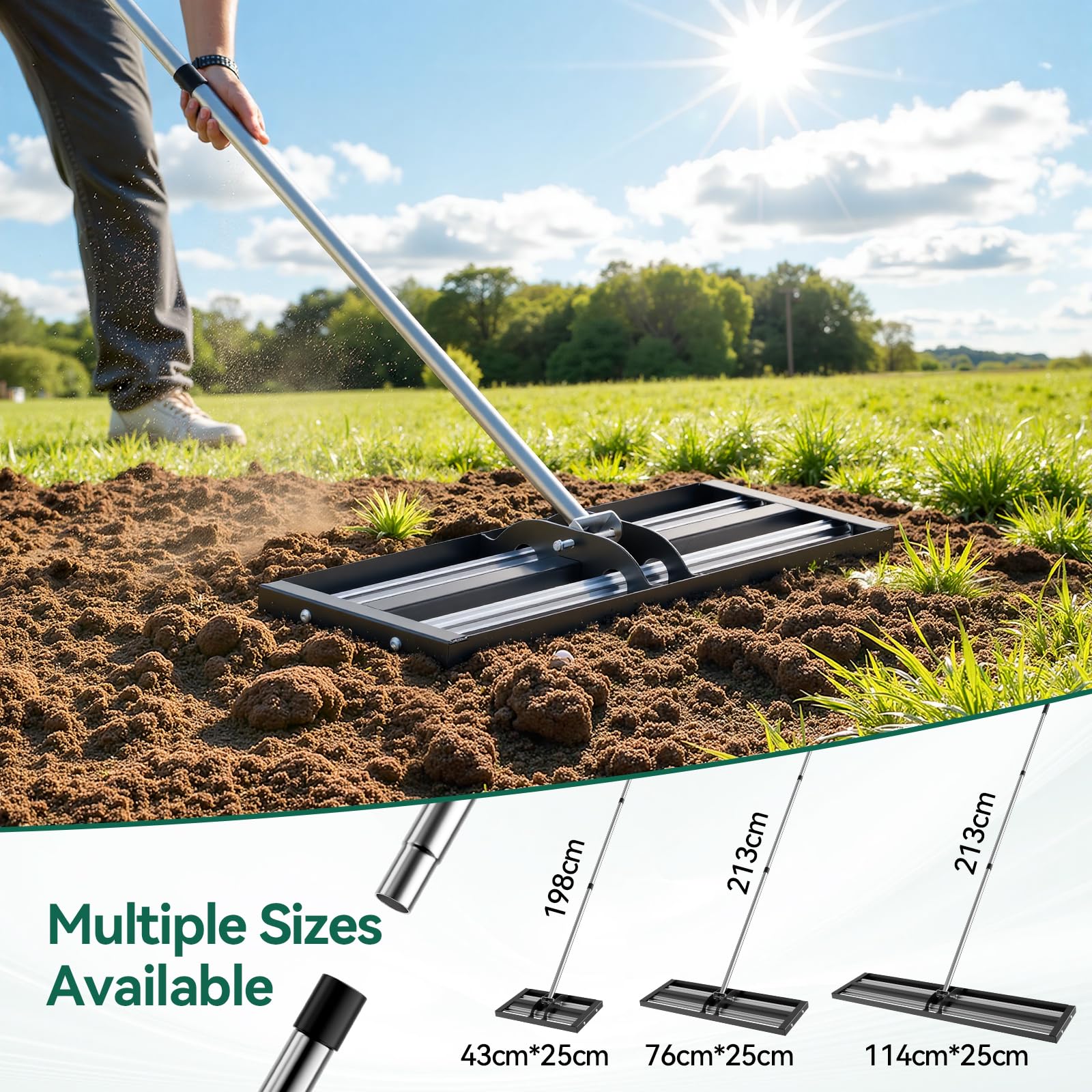 Warmiehomy Rastrillo nivelador de césped de 76 x 25 cm, nivelador de césped para jardinería con mango ajustable de 213 cm y barra rodante, rastrillo nivelador de césped resistente para suelo, césped