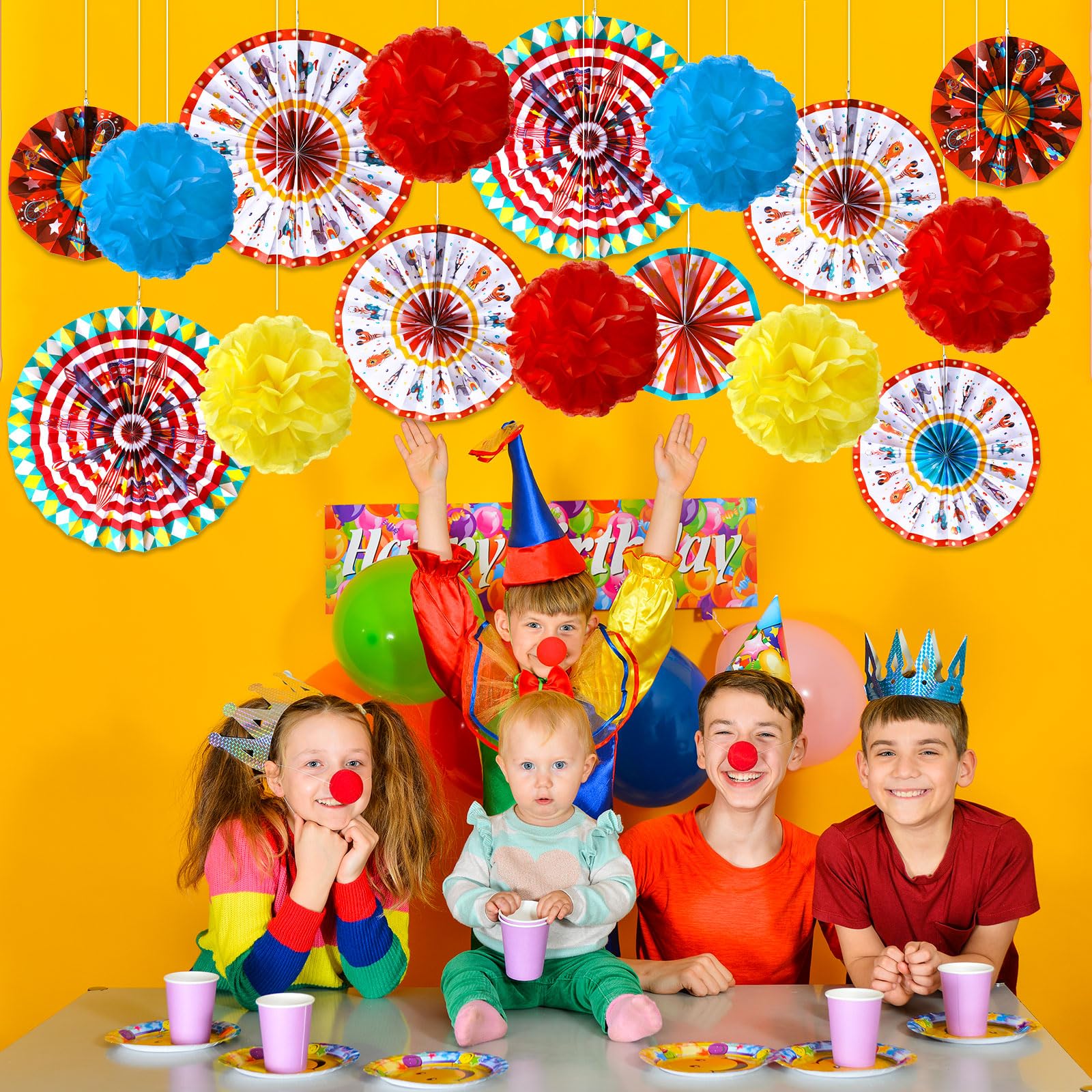 Outus 21 piezas de decoraciones de fiesta de carnaval con abanicos de papel colgantes de circo, rojo, amarillo, azul, pompones de papel, flores de papel para techo, pared, carnaval, tema de circo,