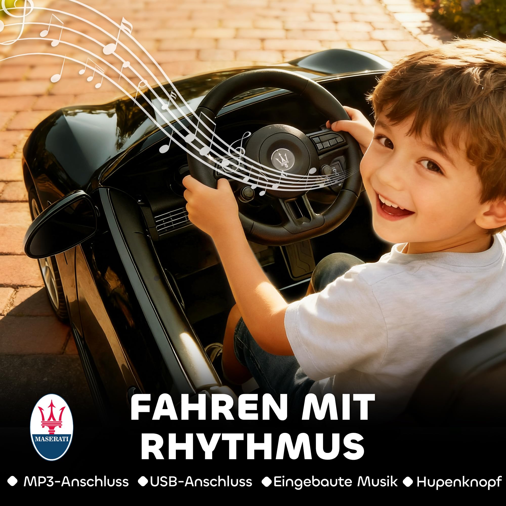 AIYAPLAY Kinder Elektroauto Maserati 12V 2-Sitzer Kinderauto Schwarz | 2,4 GHz Fernbedienung, 2 Motor, Elektrofahrzeug mit Federung, Musik, USB, Hupe, LED-Leuchten, für 3-8 Jahre, 3-8 km/h