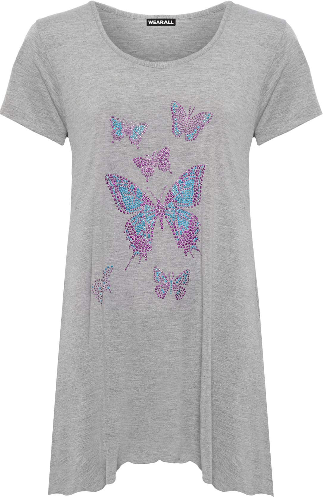 Wearall Women's Grey Plus Diamante Butterfly Top Hanky Hem Short Sleeve Flared T-Shirt - 18