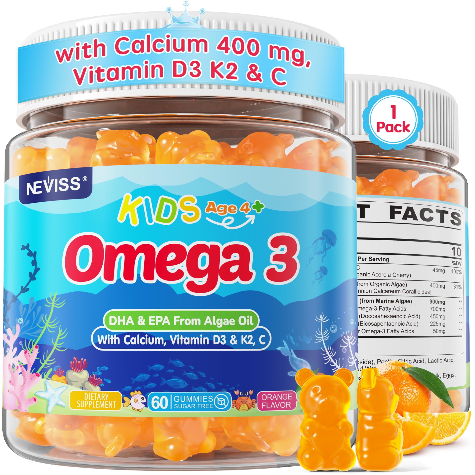Kids Omega 3 Gummies (EPA & DHA) for Bone & Brain, No Fish Burps, 60Cts 60 Count (Pack of 1)