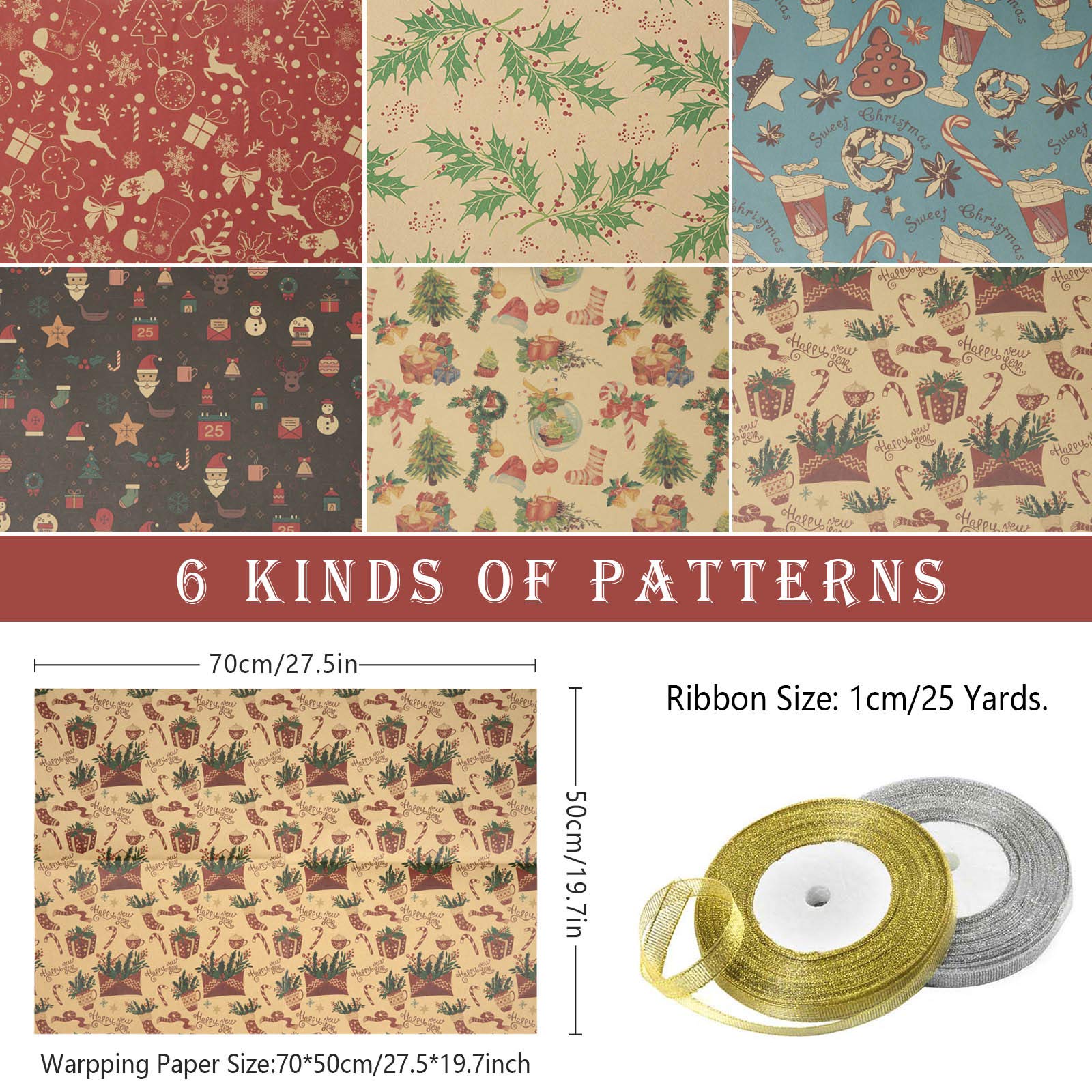 Bigqin Cadeaupapier voor verjaardag, 6 vellen, 70 x 50 cm, kraftpapier, cadeaupapier voor kinderen, met dubbelzijdig plakband en lint, Kerstmis voor geschenkverpakking, kinderen, dames, meisjes, heren