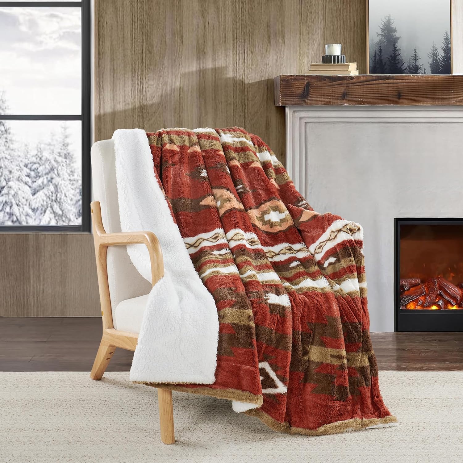 Boho Aztec Faux Fur Throw Blanket with Sherpa Lining, Traditional Southwestern Navajo Tribal Style Plush Fluffy Soft Cozy Throw for Couch, Sofa, Bed, Camping, Outdoor, 50" x 60", Red
