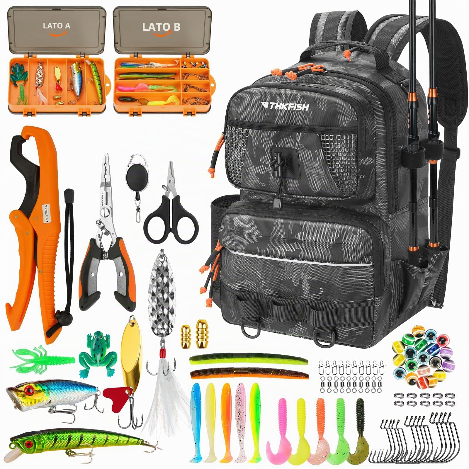 THKFISH Set di esche da pesca con scatola per esca, tessuto Oxford 600D, impermeabile, con scomparto regolabile, per attrezzi da pesca, campeggio, escursionismo, viaggi, mimetico